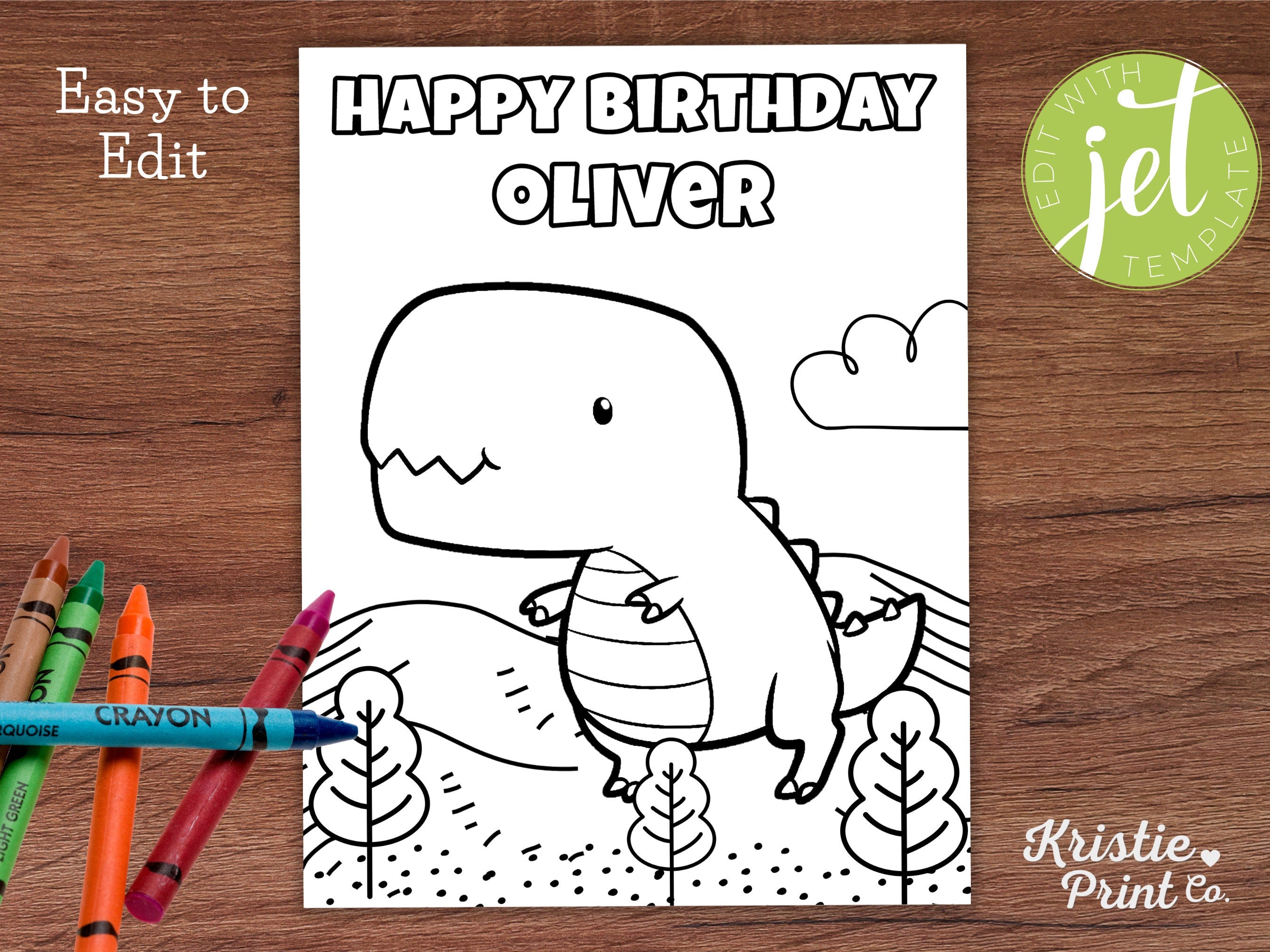 Editable Cute Dinosaur Coloring Page Happy Birthday Coloring Page with Name Dinosaur Birthday Favors Kids Party Games Dinosaur Party Graphic Tee – Premium Graphic · High-Quality Print