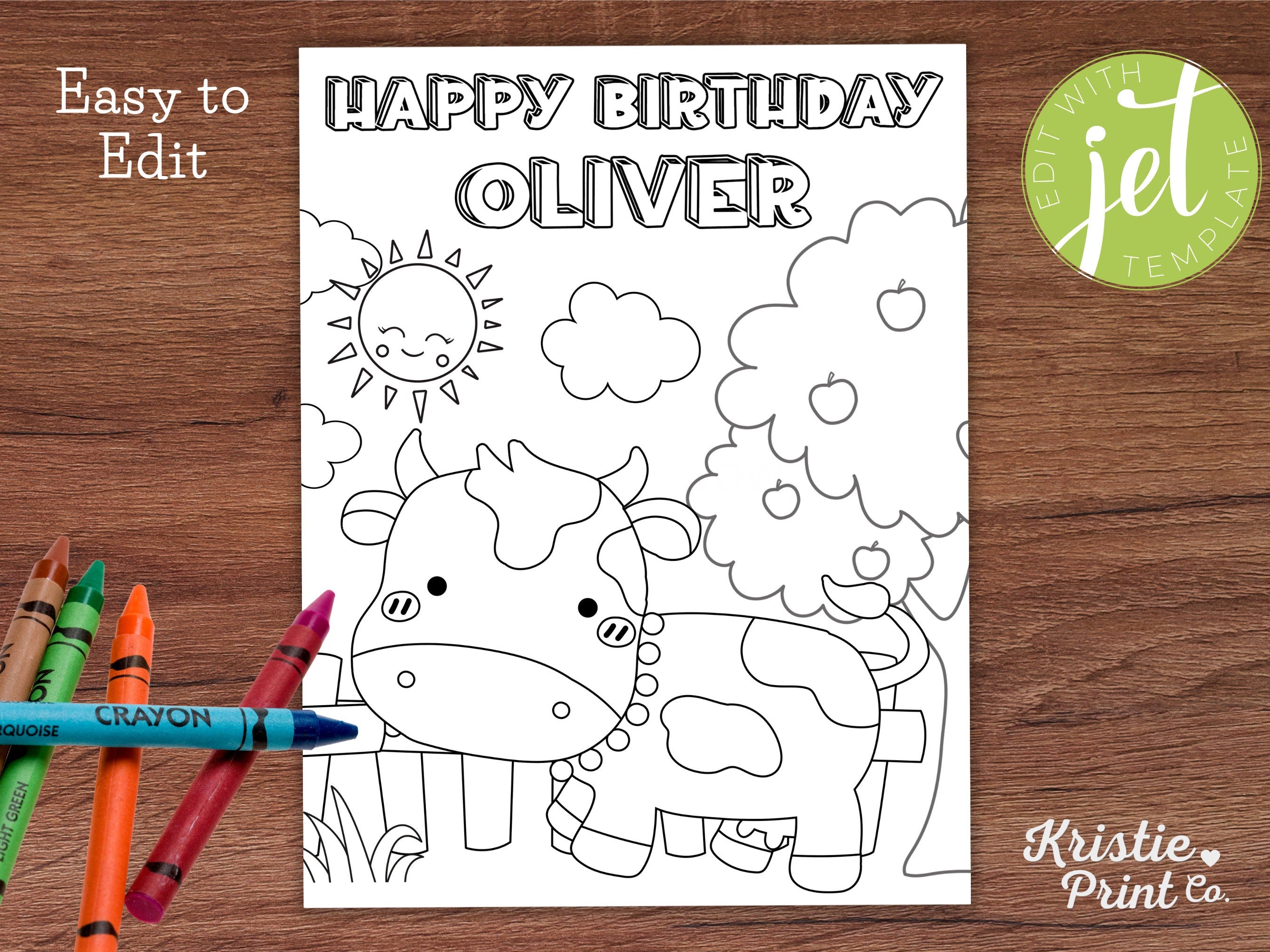Editable Cow Birthday Coloring Page Printable Cow Theme Birthday Party Farm Coloring Sheet Happy Birthday Coloring Page with Name COWB1 Graphic Tee – Easygoing Wear · High-Quality Print
