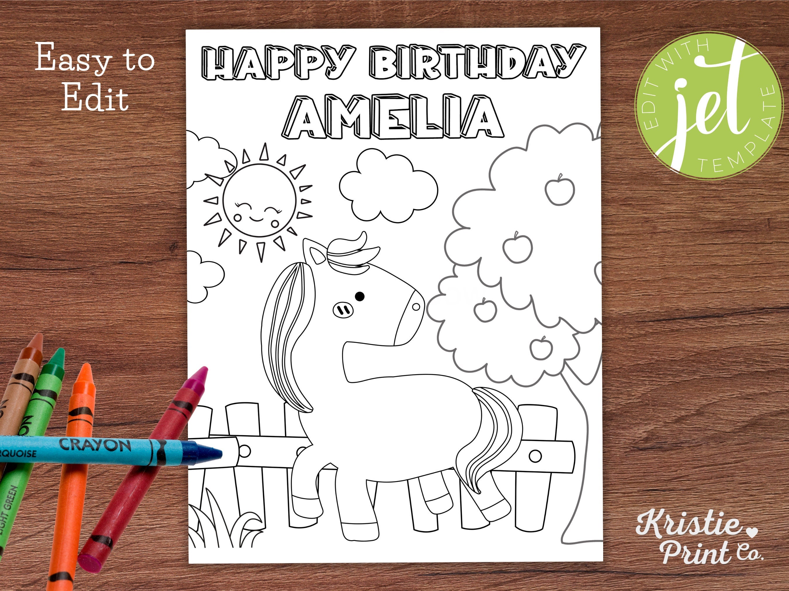 Editable Horse Birthday Coloring Page Printable Horse Theme Birthday Party Farm Coloring Sheet Happy Birthday Coloring Page with Name Graphic Tee – Cozy Vibes · Top Pick For Any Outfit