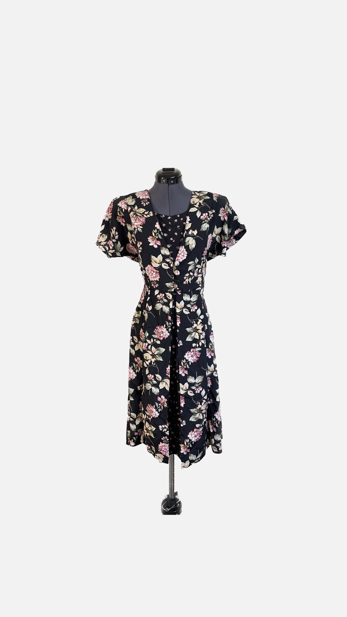 Floral Cottage Core Fairy Dress Vintage 80s 90s Whimsigoth Black Midi Dress Erika Studios Small S Graphic Tee – Warm & Stylish · Trending Graphic Apparel