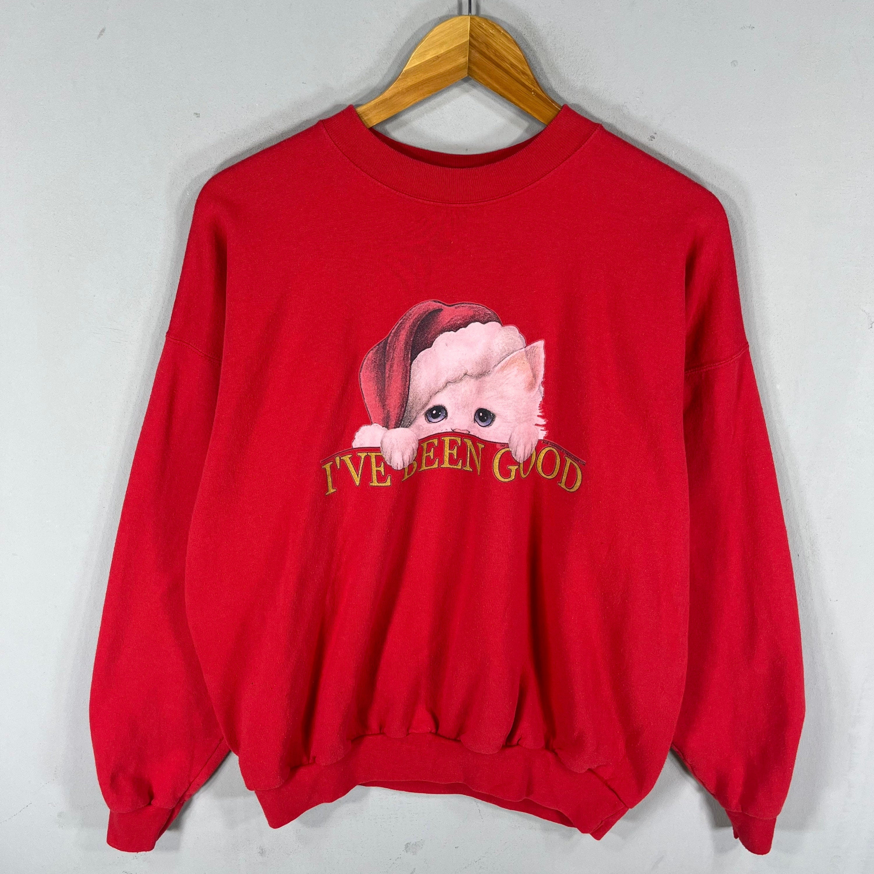 Vintage Hanes Tag Cat Ive Been Good Big Logo Printed Sweatshirt Crewneck Pullover Baggie Sweater Cat Christmas Colour Red Size X large Sweatshirt – Easygoing Wear · Trending Graphic Apparel