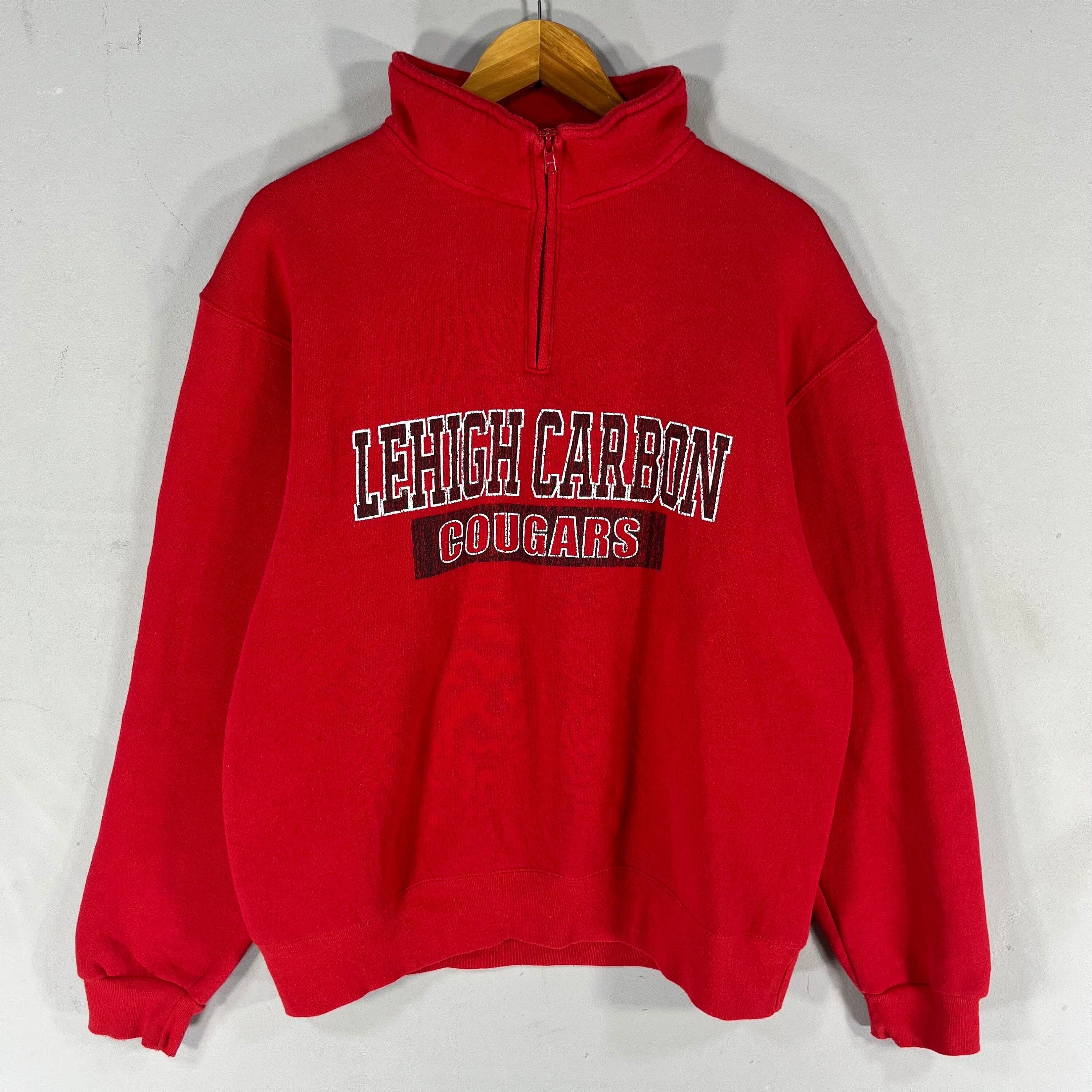 Vintage The Game Tag Lehigh Carbon Cougars Spellout BigLogo Printed Sweatshirt Turtleneck Quarter Zipper Sweater Colour Red Large Sweatshirt – Aesthetic Look · Perfect For Daily Wear