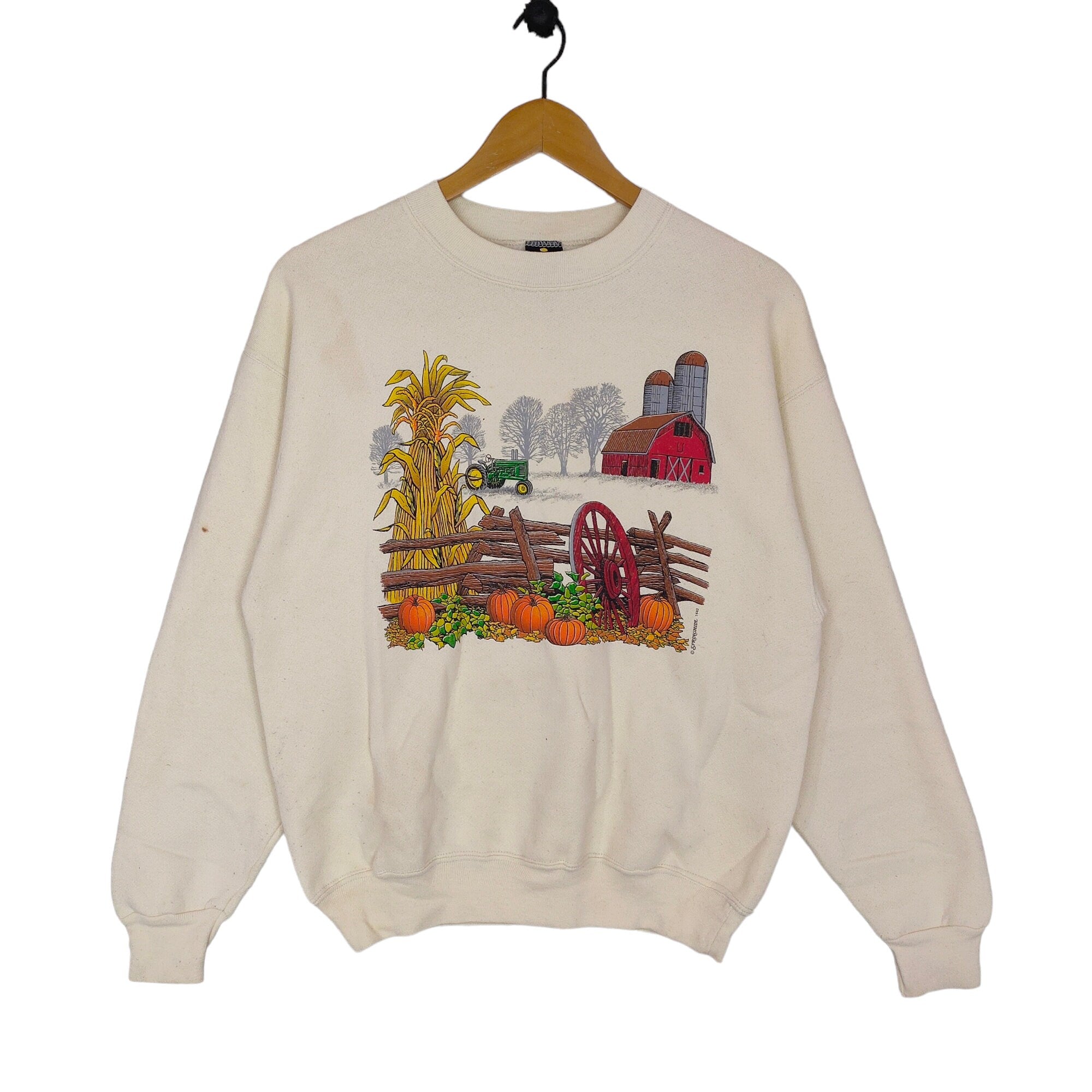 80s Springhill Farm USA Crewneck Sweatshirt Medium Vintage HL Miller Gold Sweater Jumper Tractor Pumpkin Size m Sweatshirt – Premium Graphic · High-Quality Print