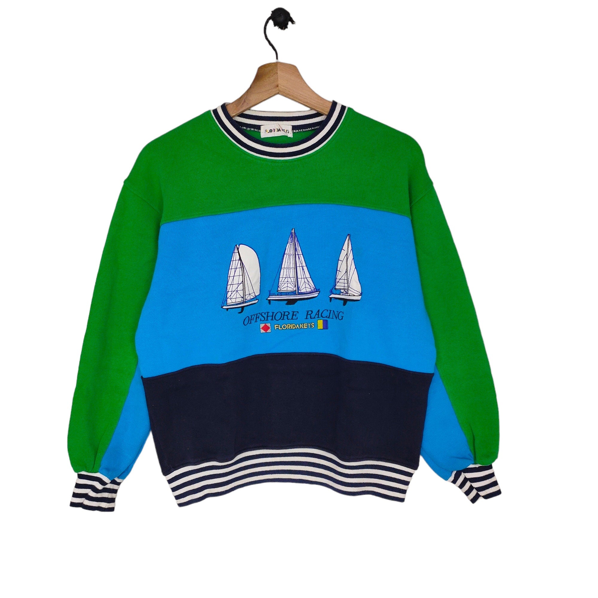 90s Florida Keys Colorblock Sweatshirt Medium Vintage Offshore Racing Sweater Jumper Crewneck Sailing Green Blue Black Size M Sweatshirt – Warm & Stylish · Must-Have Style