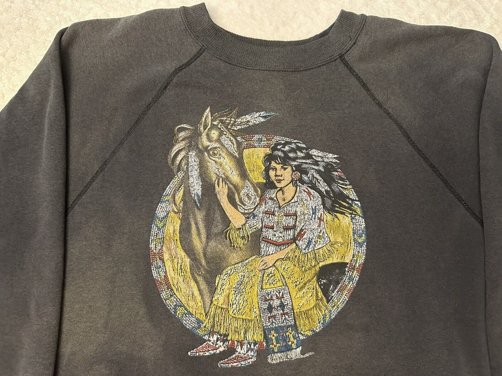 Vintage 1990s 90s Native American Woman Horse Art Sweatshirt Distressed XL XXL Sweatshirt – Soft Feel · Perfect For Daily Wear