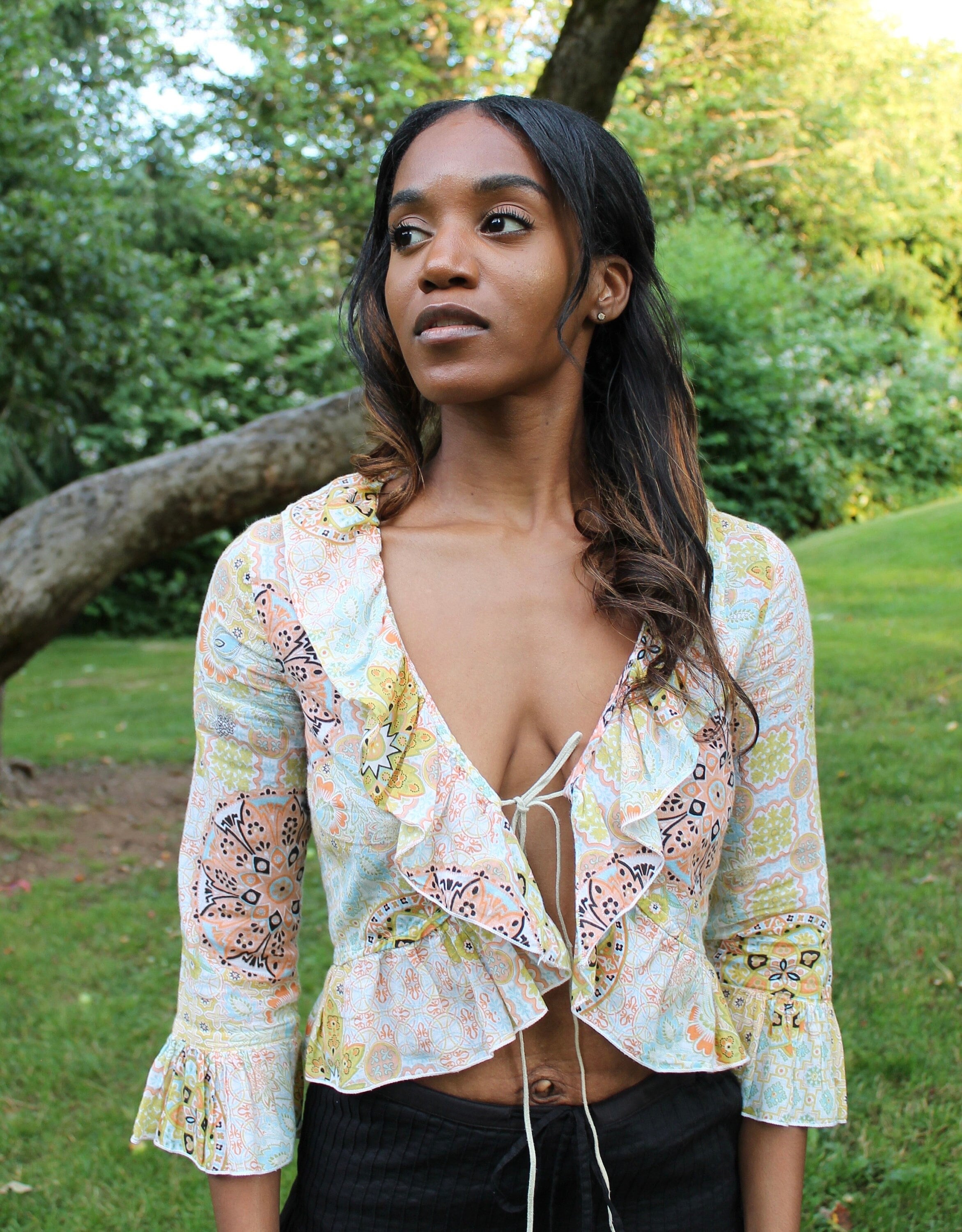 Y2K Floral Ruffle Tie Front Fairy Blouse XOXO Boho Hippie Aesthetic Crop Top Cardigan Shrug Small Graphic Tee – Cozy Vibes · Great Gift For Fans