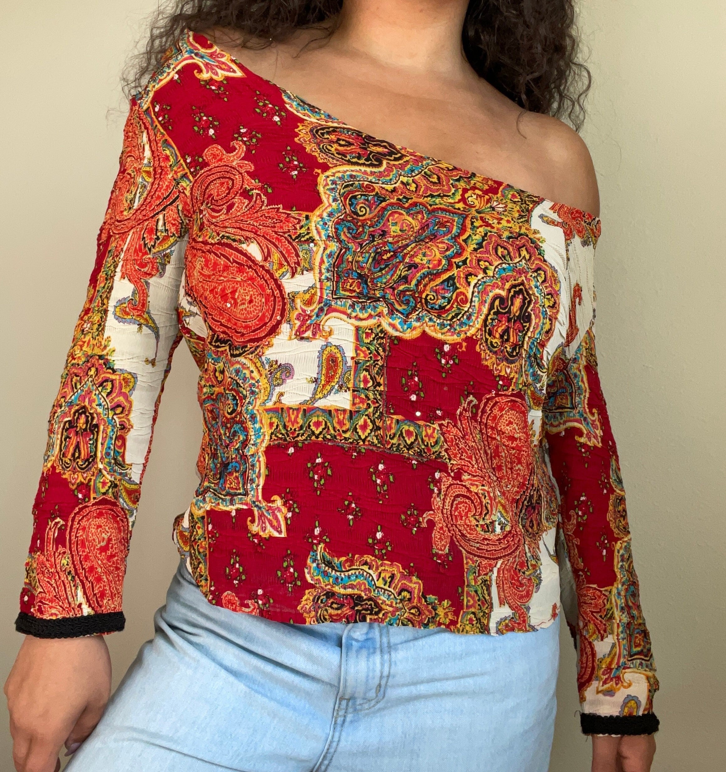 Textured Red Paisley Textured Crinkle Blouse Vintage Graphic Tee – Bold Style · Perfect For Daily Wear