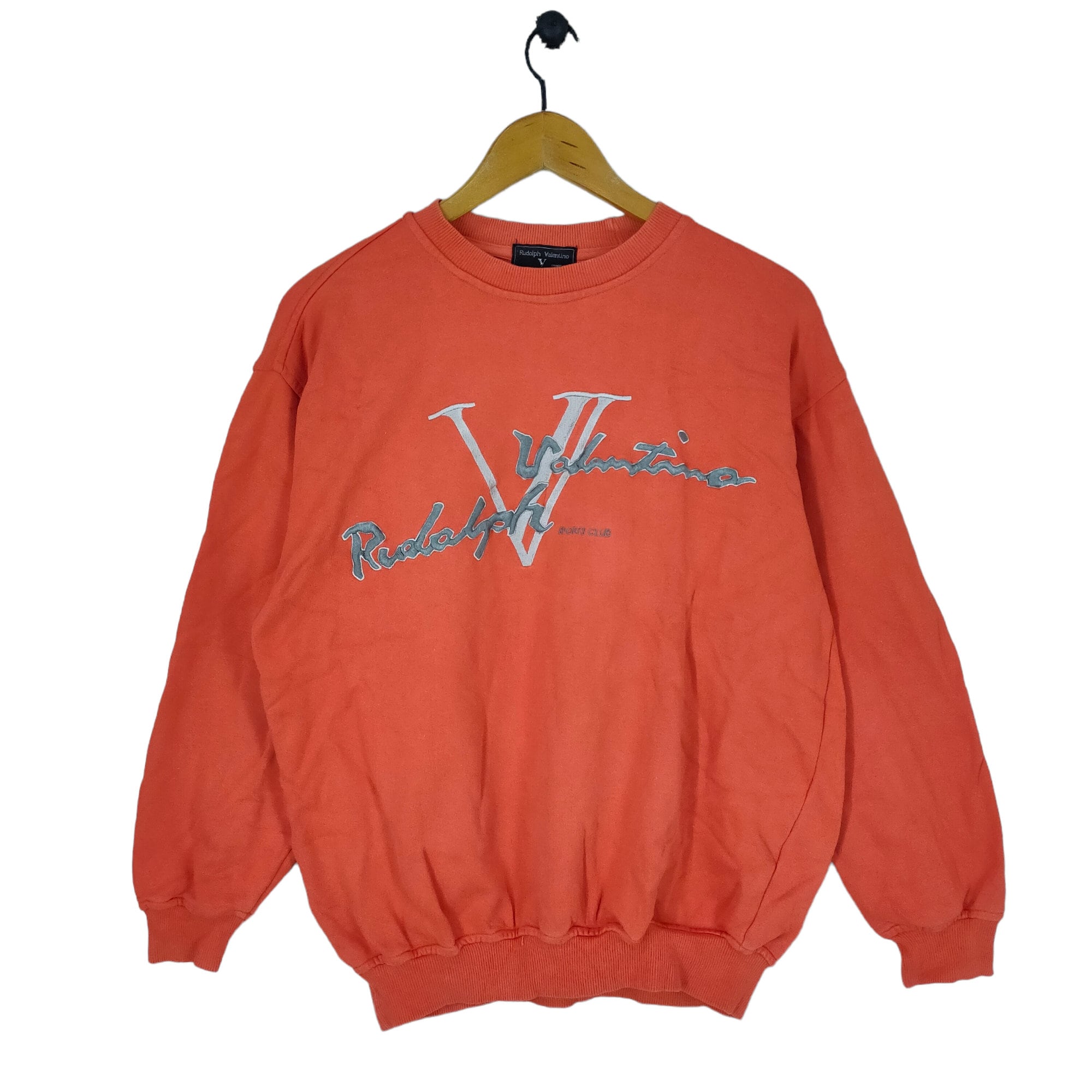 90s Rudolph Valentino Sweatshirt Medium Vintage Rudolph Valentino Sport Club Embroidery Pullover Crewneck Orange Mens Size M Sweatshirt – Aesthetic Look · High-Quality Print