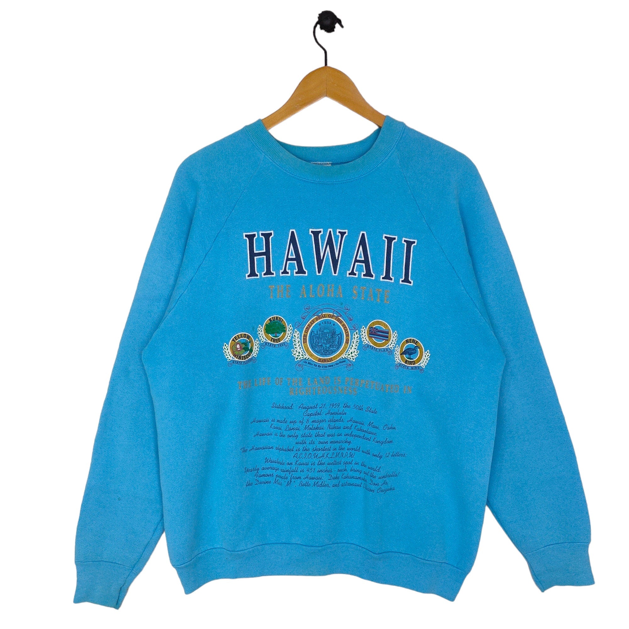 90s The Aloha State Of Hawaii Raglan Sweatshirt Vintage Fruit of the Loom Sweater Jumper Crewneck Blue Ladies XL Sweatshirt – Soft Feel · Trending Graphic Apparel
