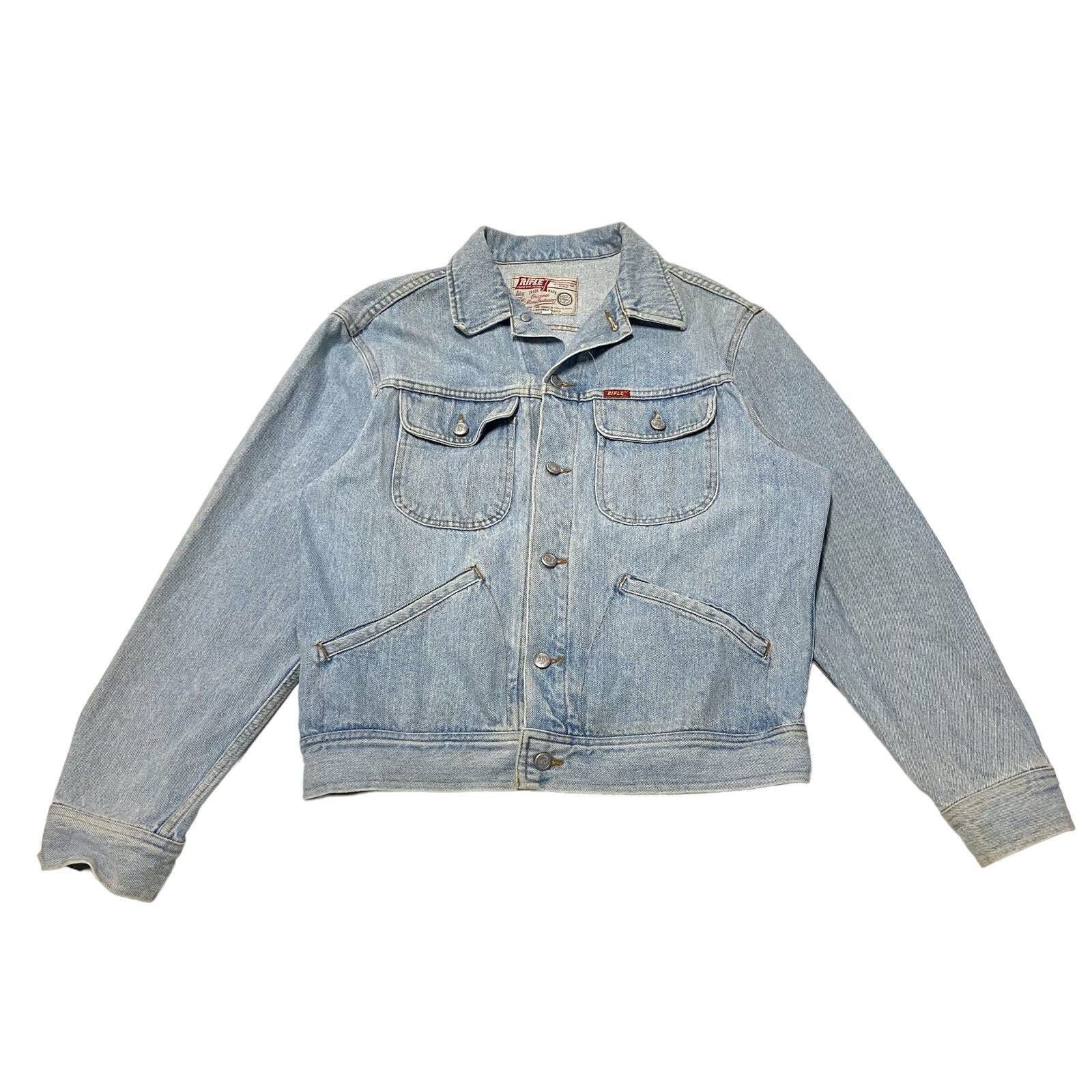 Rifle Button Up Denim Jean Jacket Vintage Western Style Designer Blue Small Graphic Tee – Cozy Vibes · Perfect For Daily Wear