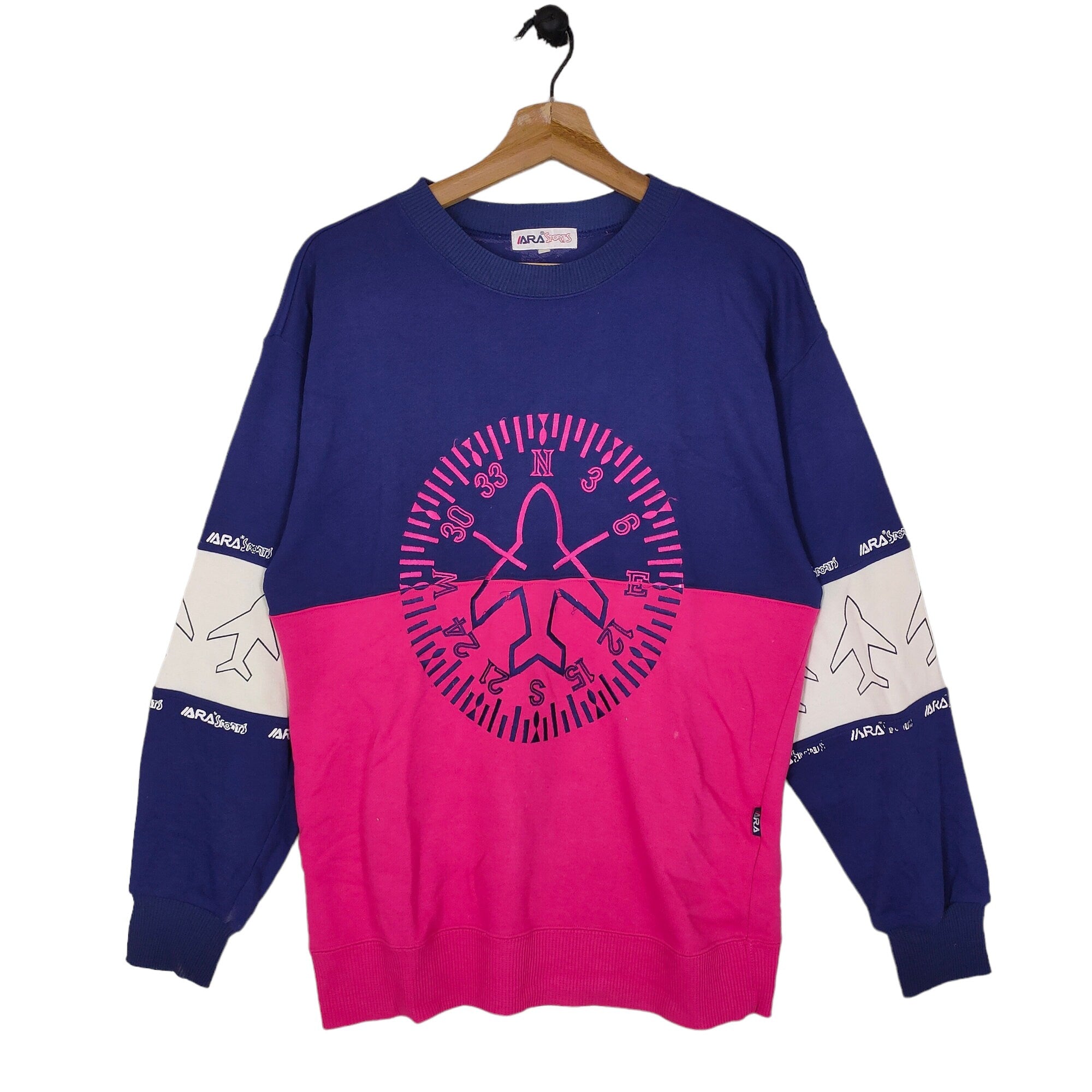 90s Colorblock Sweatshirt Medium Vintage Ara Spots Sweater Jumper Crewneck Pink Navy Blue Size M Sweatshirt – Aesthetic Look · Must-Have Style