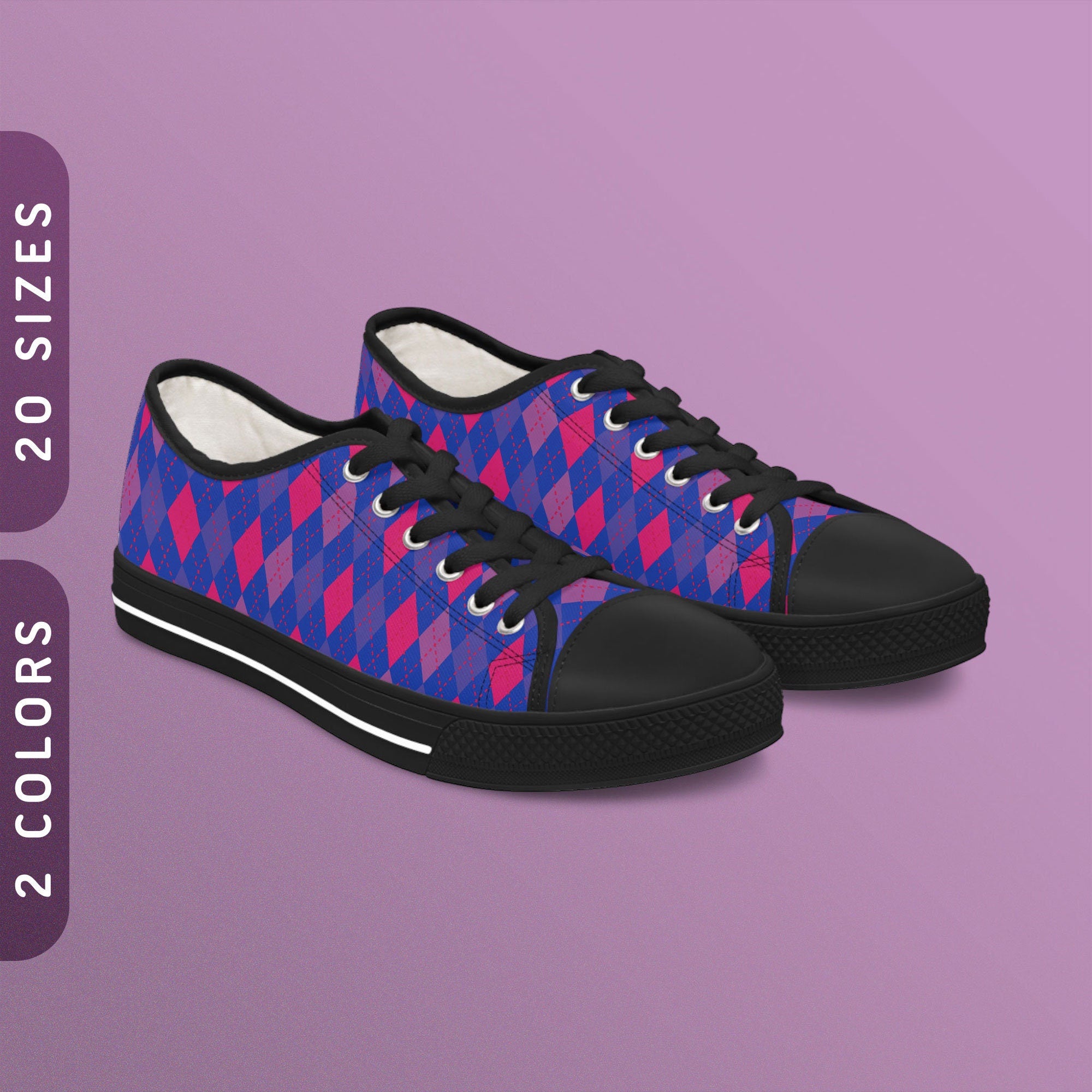 Subtle Bi Pride Flag Sneakers Bisexual Argyle Pattern Sneakers Low Top Men39s Women39s Sneakers BlackWhite Sole Bisexual Pride Wear Graphic Tee – Aesthetic Look · Perfect For Daily Wear