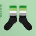 Aromantic Flag Color Socks Black Foot Sublimated Socks Aromantic Pride Socks LGBTQIA Asexual Aro Ace Pride Aroace Pride Ally Wear Graphic Tee – Warm & Stylish · Great Gift For Fans