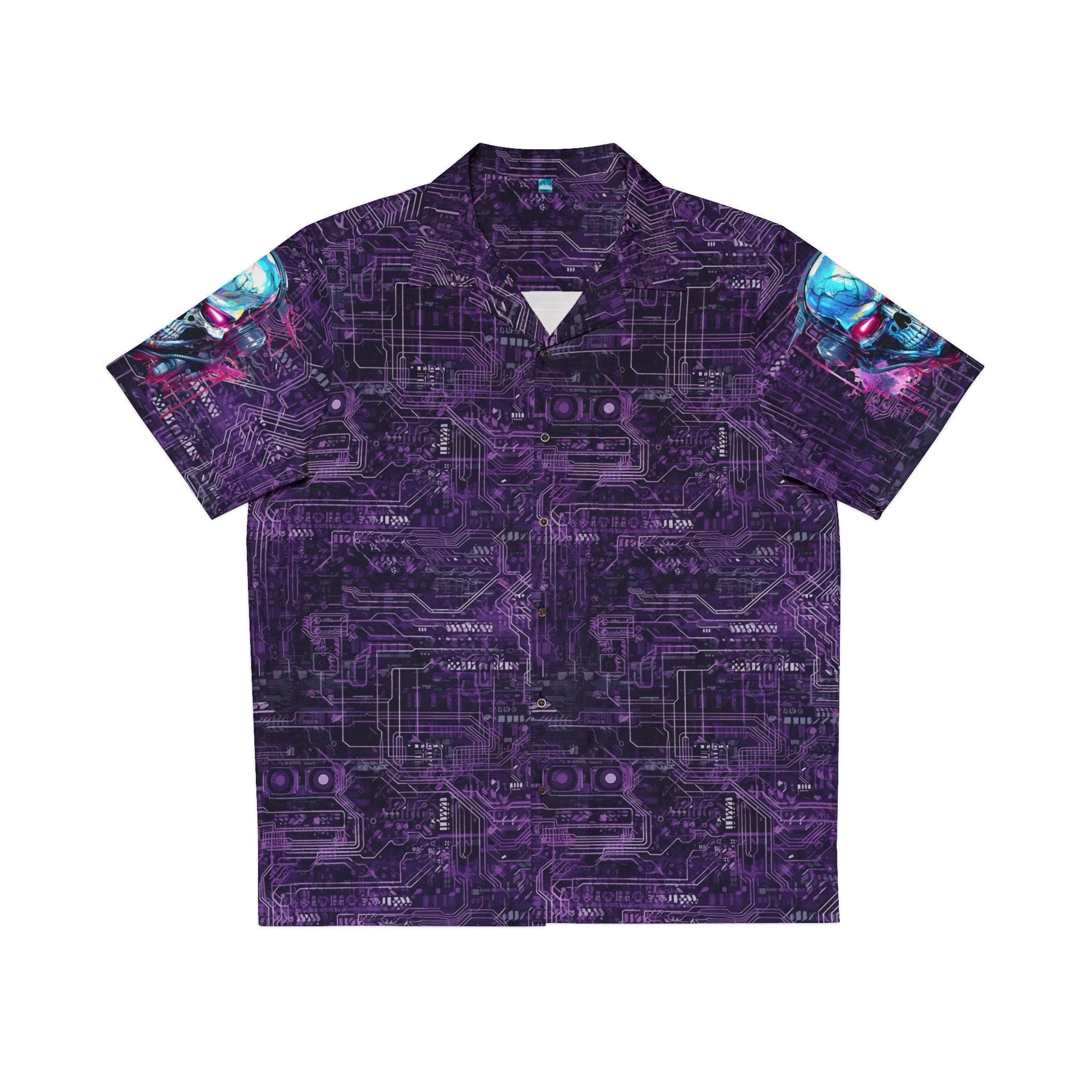 Men39s Hawaiian shirt Cyberpunk fashion AOP shirt with skull Neon circuit board style Futuristic luau attire Cybernetic skull apparel Graphic Tee – Everyday Comfort · Must-Have Style