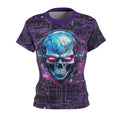 CyberPunk Cybernetic Skull breaking through a Purple Neon Circuit Board Women39s Cut Sew Tee AOP Graphic Tee – Feel-Good Design · High-Quality Print