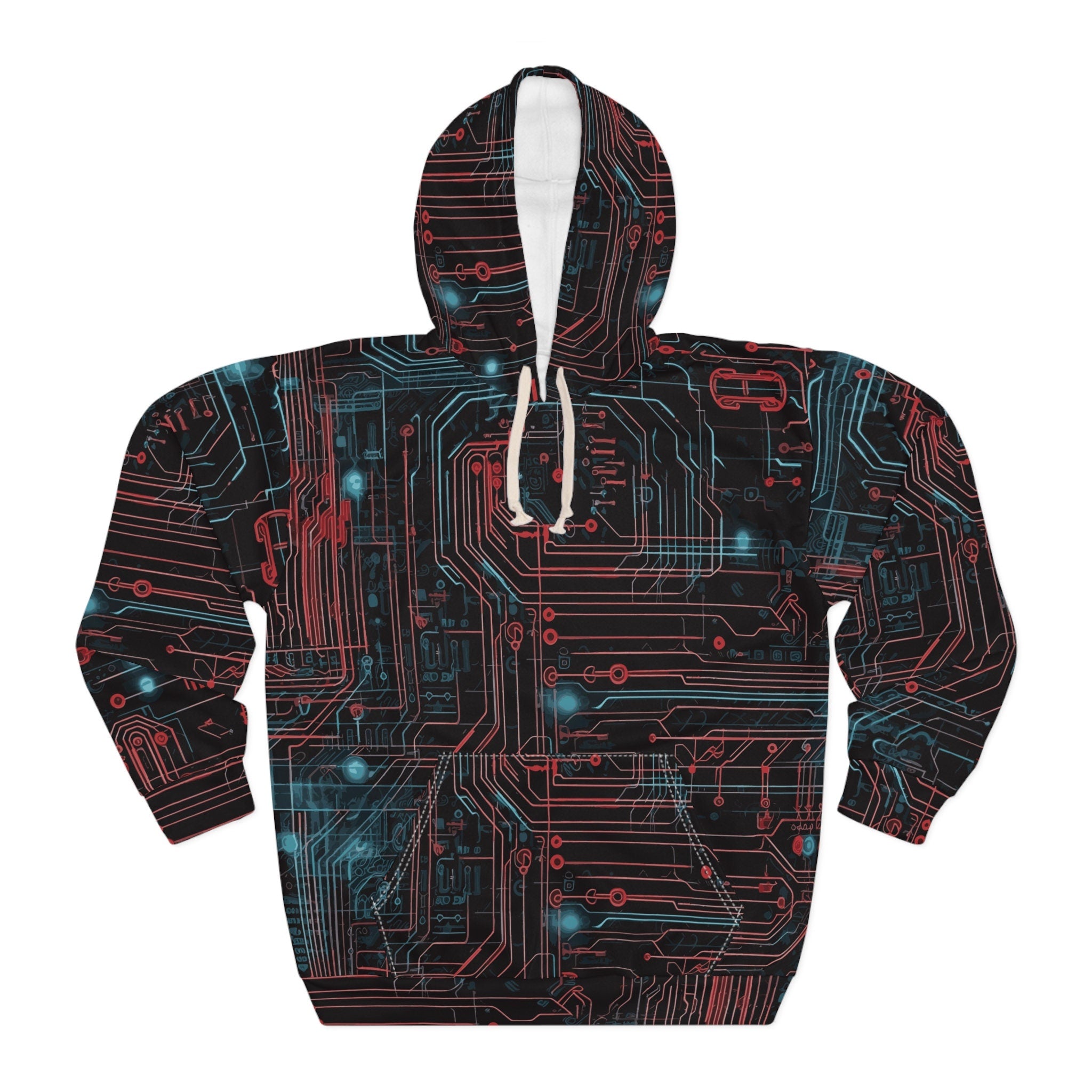 CyberPunk Cybernetic Skull breaking through a Red and Blue Neon Circuit Board Unisex Pullover Hoodie AOP Gifts for Her Gifts for Him Hoodie – Everyday Comfort · Top Pick For Any Outfit