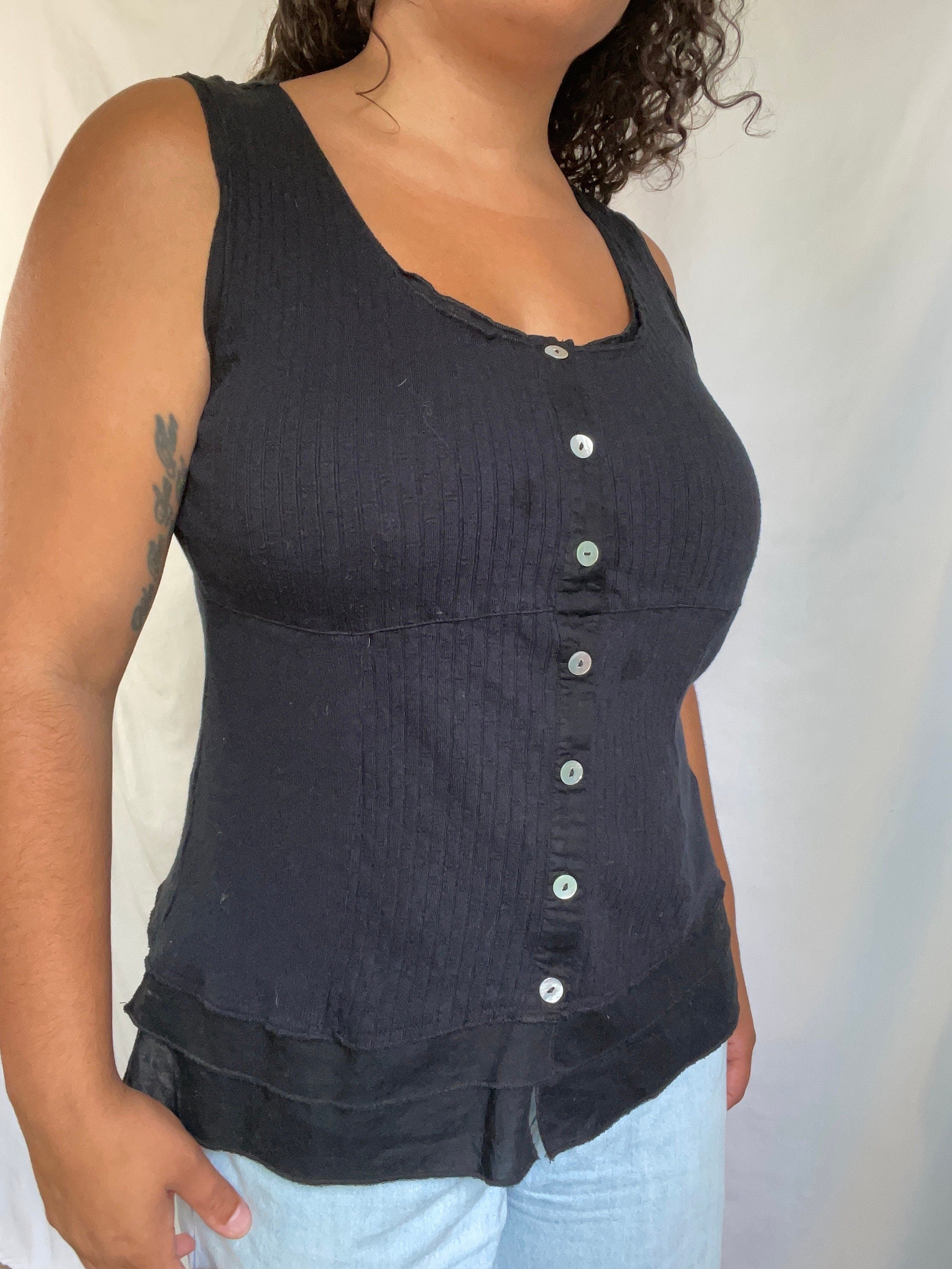 Vintage Black Ribbed Tank Button Up Cotton Top Size Medium Tank Top – Easygoing Wear · Must-Have Style