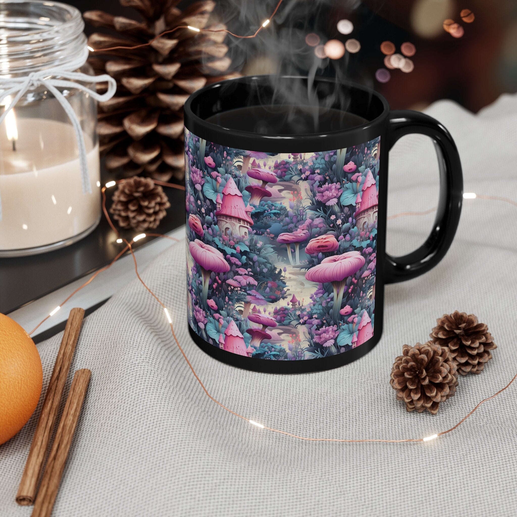 Fairy Garden Wonderland Cottages in a Enchanted Forest Mug with Whimsical Cottages and Pink Mushrooms in Fairycore Style 11oz Black Mug Graphic Tee – Fan Favorite · Trending Graphic Apparel