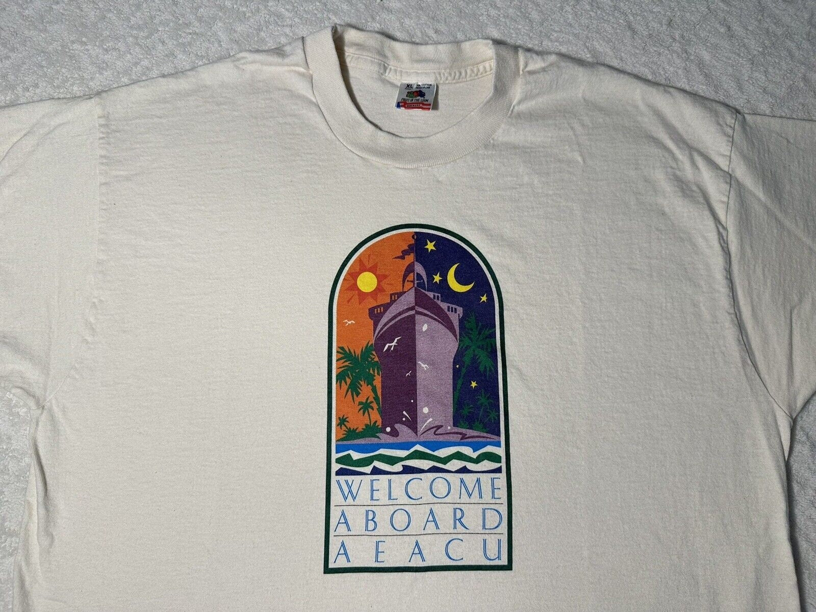 Vintage 1990s 90s Welcome Aboard Cruise Ship Art Deco Vacation Sunset T Shirt XL Graphic Tee – Soft Feel · Perfect For Daily Wear