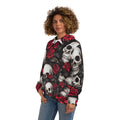 Hyper Realistic Skulls and Red Roses by artist Anne Laure Goupil Fashion Hoodie AOP Hoodie – Bold Style · Perfect For Daily Wear