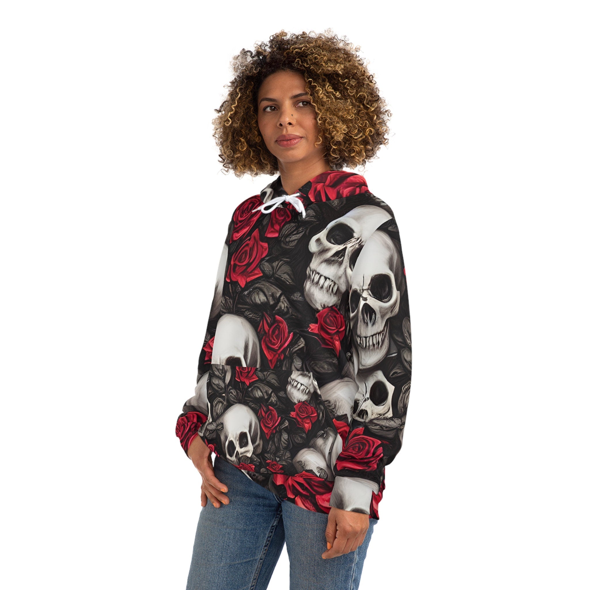 Hyper Realistic Skulls and Red Roses by artist Anne Laure Goupil Fashion Hoodie AOP Hoodie – Bold Style · Perfect For Daily Wear