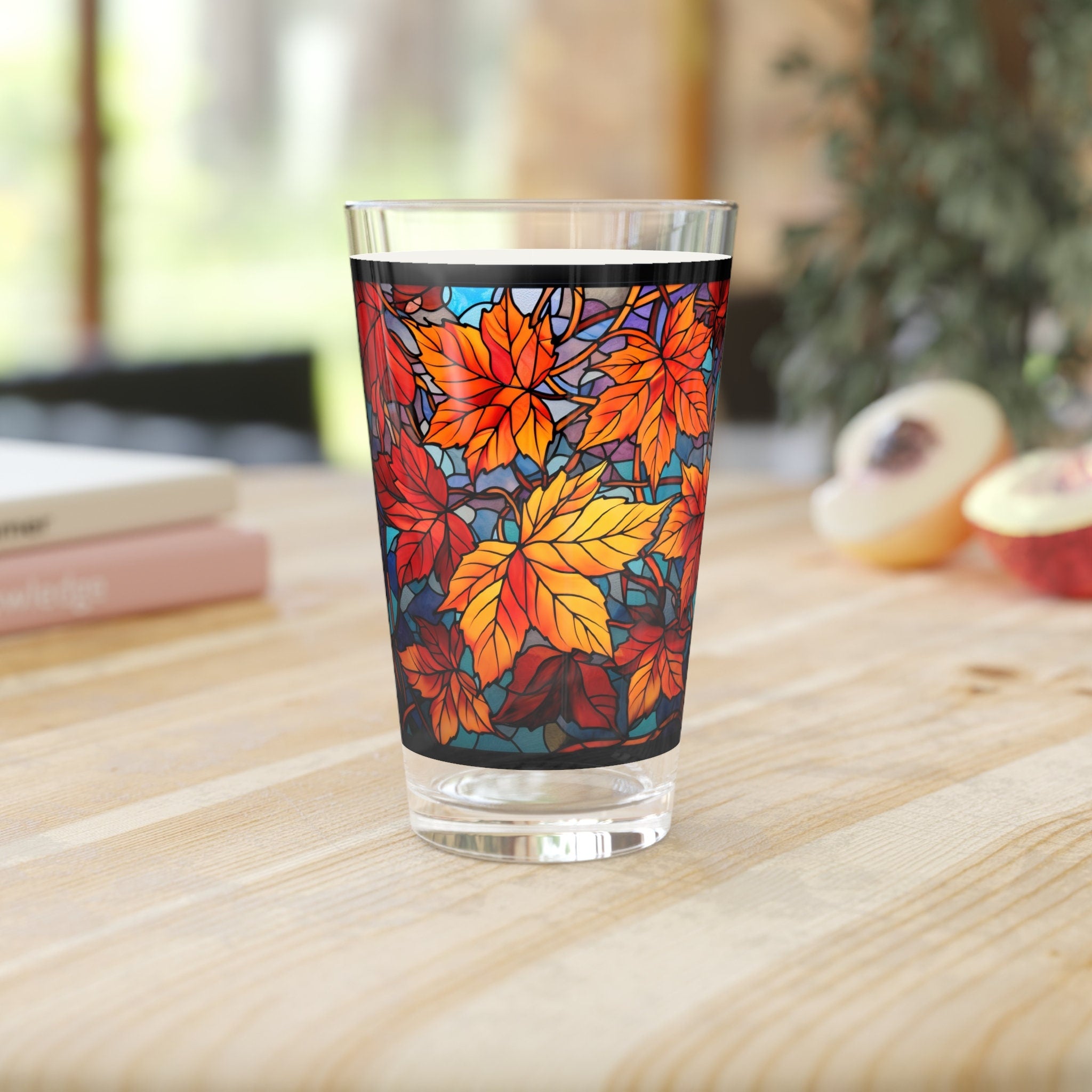 Autumnal Beauty A Colorful Stained Glass Tribute to Fall Leaves 16oz Pint Glass Gift idea gifts for home decor housewarming gift Graphic Tee – Easygoing Wear · Top Pick For Any Outfit