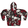 Skulls with Red Roses Hyper Realistic by French Artist Anne Laure Goupil Unisex Zip Hoodie AOP Hoodie – Everyday Comfort · Perfect For Daily Wear