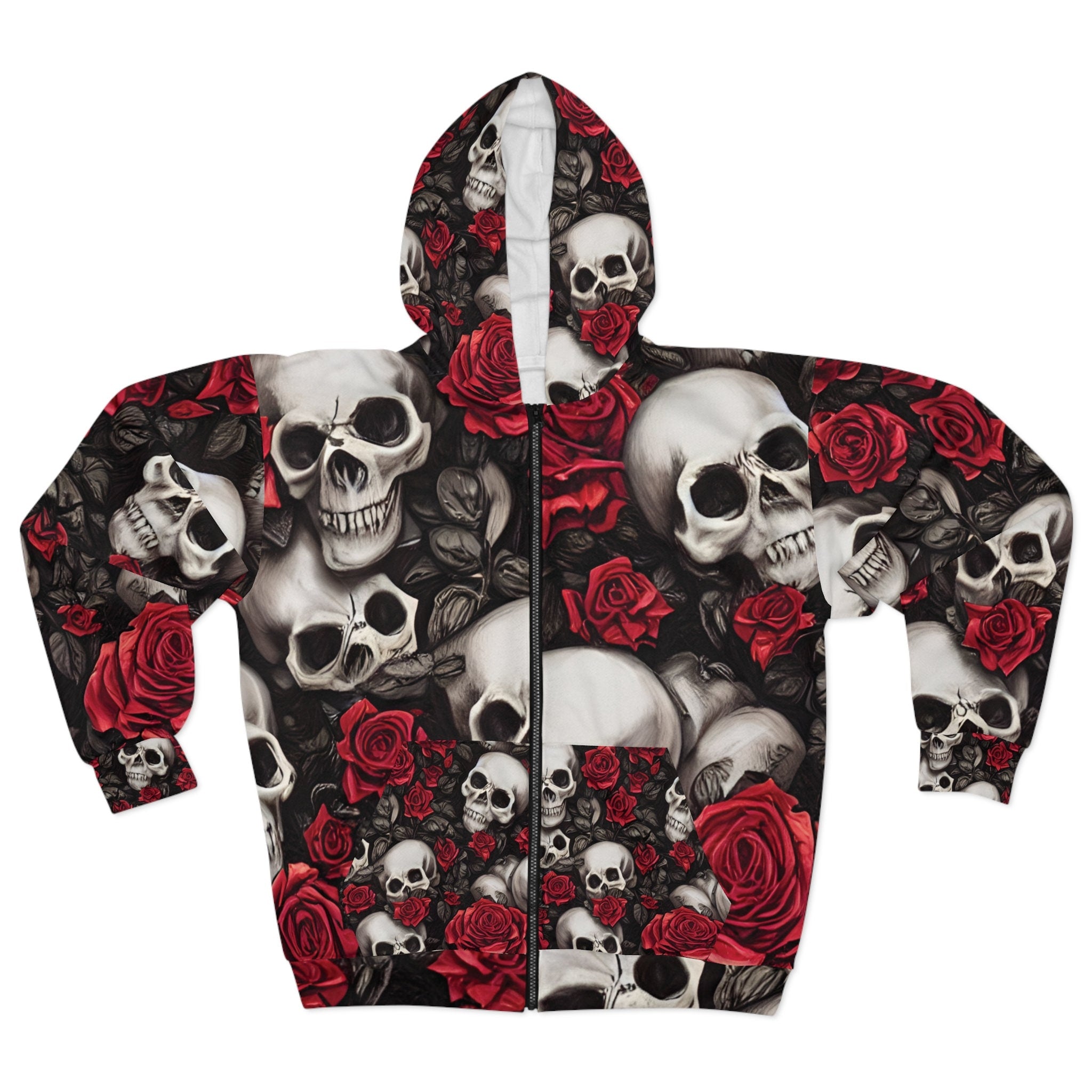 Skulls with Red Roses Hyper Realistic by French Artist Anne Laure Goupil Unisex Zip Hoodie AOP Hoodie – Everyday Comfort · Perfect For Daily Wear