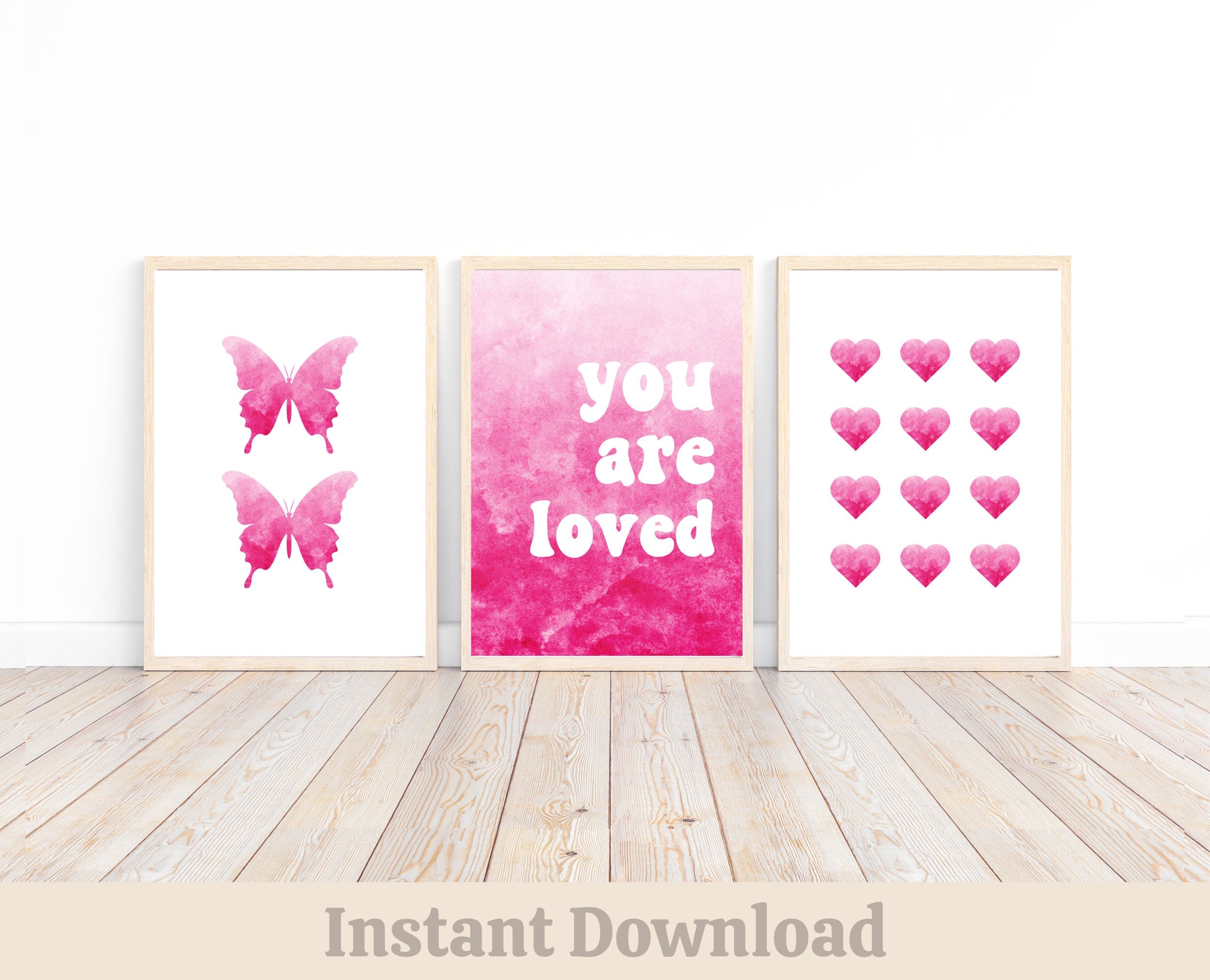 Preppy Heart Wall Art Trendy Poster Prints Hot Pink Wall Art Set of 3 Prints Pink Bedroom Decor Aesthetic Pink Teen Preteen Room Butterfly Graphic Tee – Premium Graphic · Great Gift For Fans
