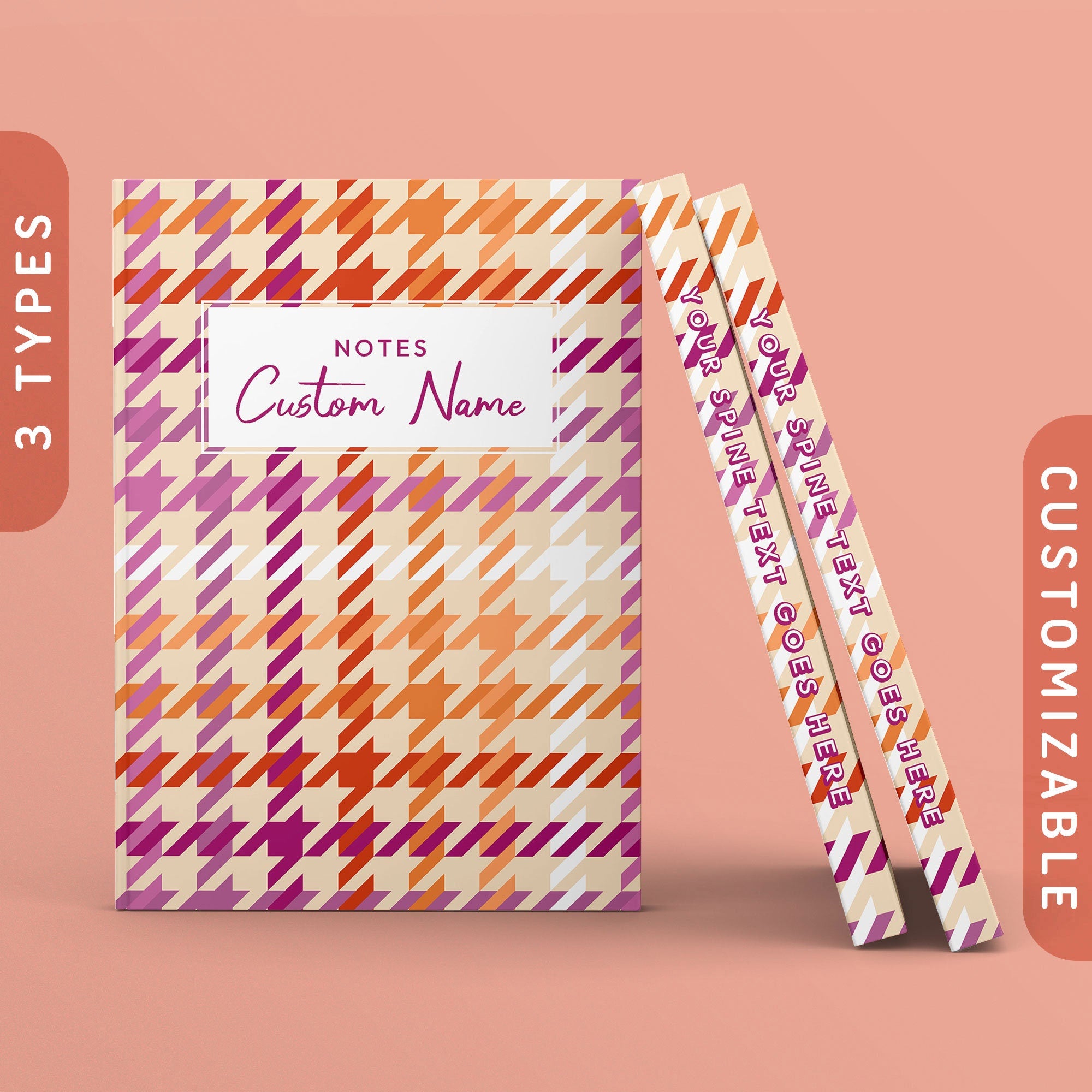 Personalized Lesbian Houndstooth Pattern Journal Customizable Hardcover Notebook Custom Name Text Minimalist Modern Casual Journal Graphic Tee – Aesthetic Look · Trending Graphic Apparel