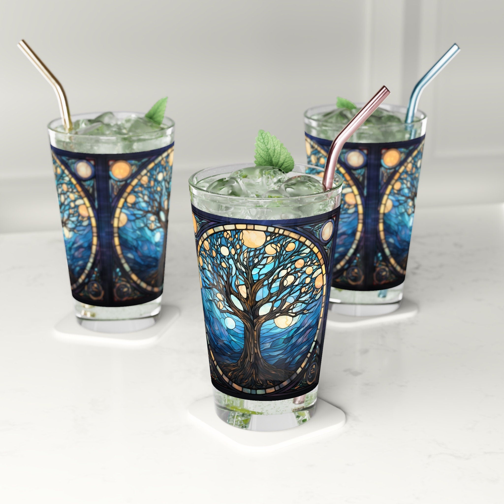 Nighttime Blossoms A Celestial Tree Stained Glass Artwork 16oz Pint Glass Gift idea gifts for home decor housewarming gift Graphic Tee – Soft Feel · Trending Graphic Apparel