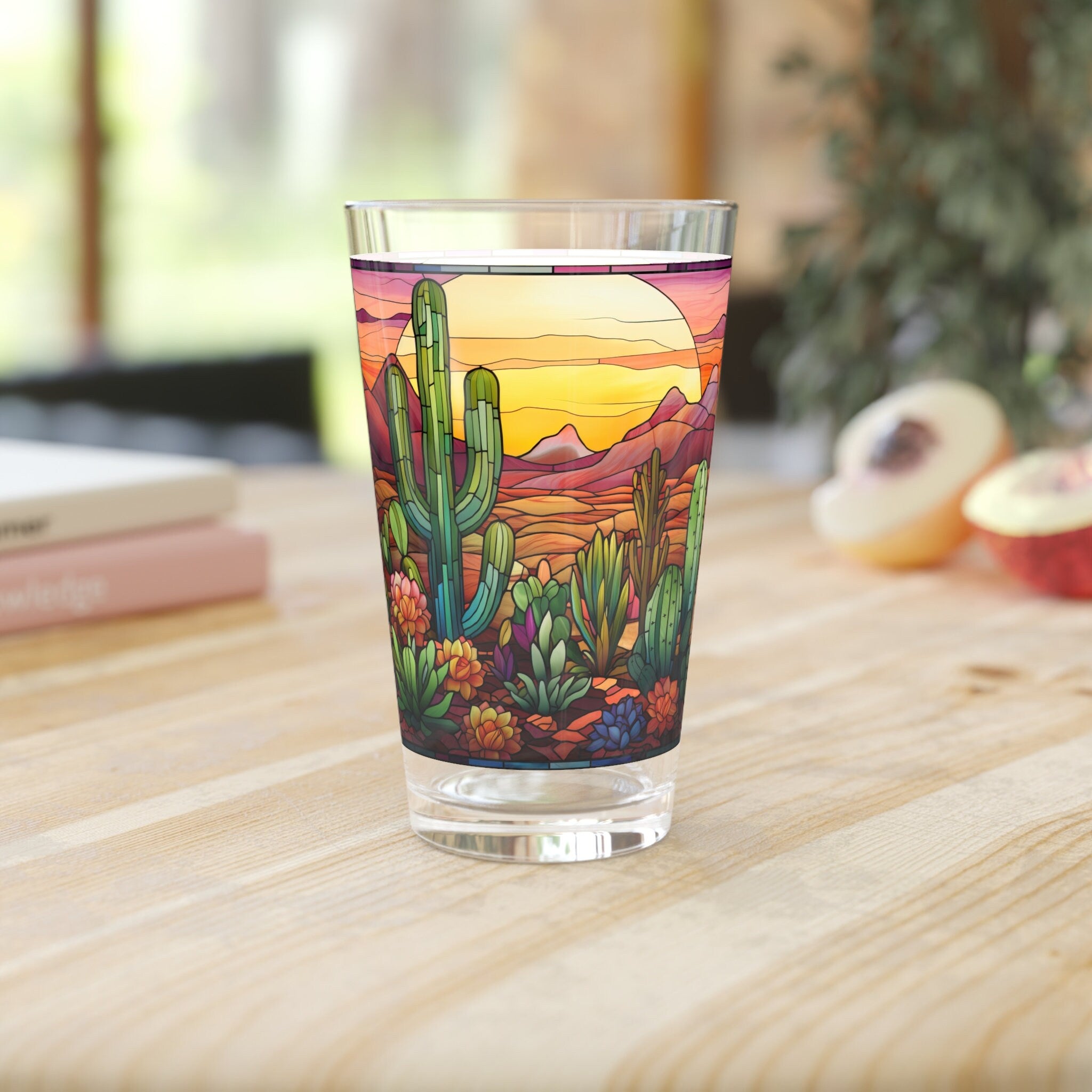 Desert Cactus Bloom A Stained Glass Tribute to Cacti 16oz Pint Glass Gift idea gifts for home decor housewarming gift Graphic Tee – Everyday Comfort · High-Quality Print
