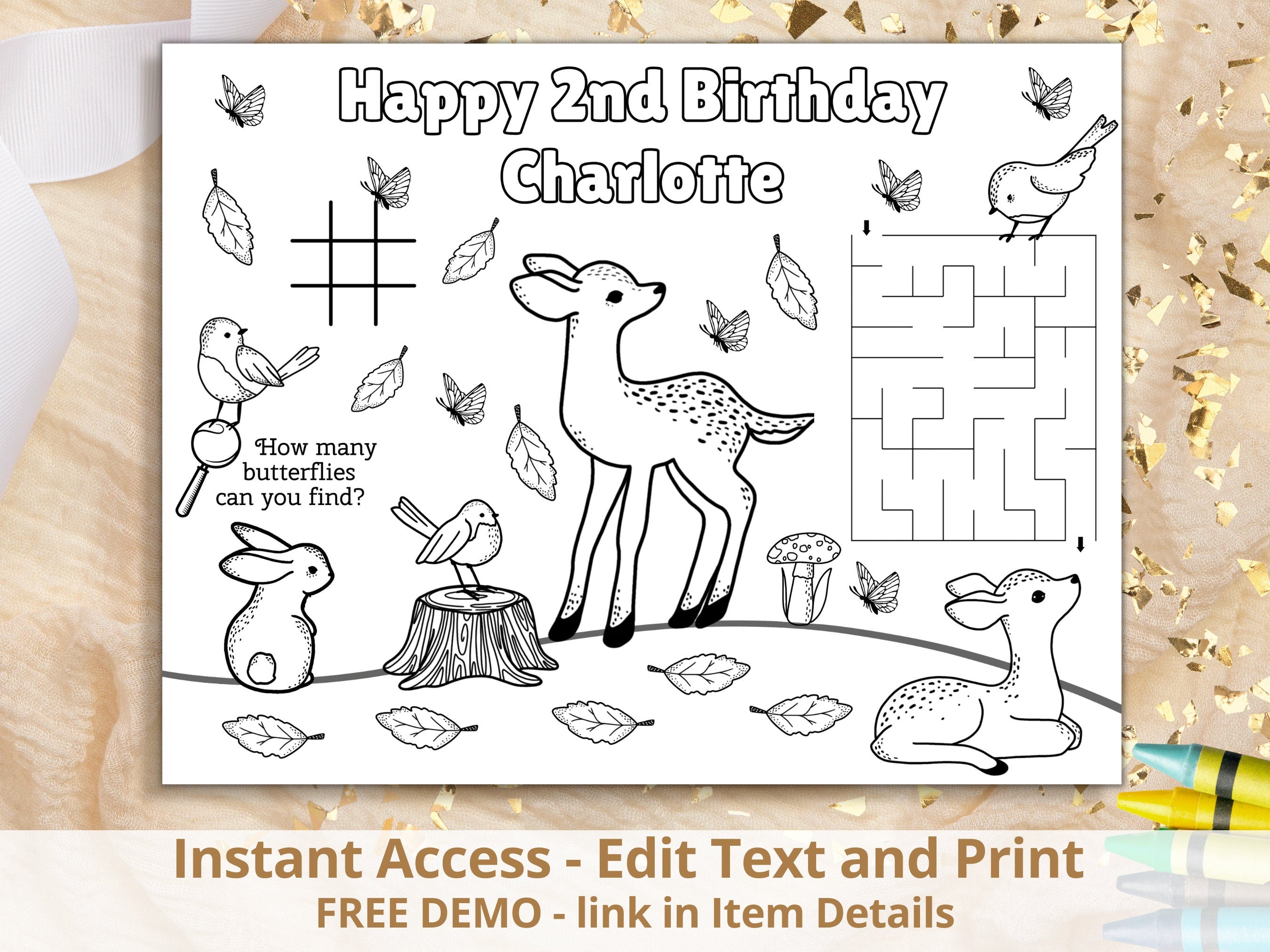 Editable Birthday Party Coloring Placemat Woodland Birthday Party Forest Animals Coloring Page Happy Birthday Coloring Page Editable Graphic Tee – Feel-Good Design · Top Pick For Any Outfit