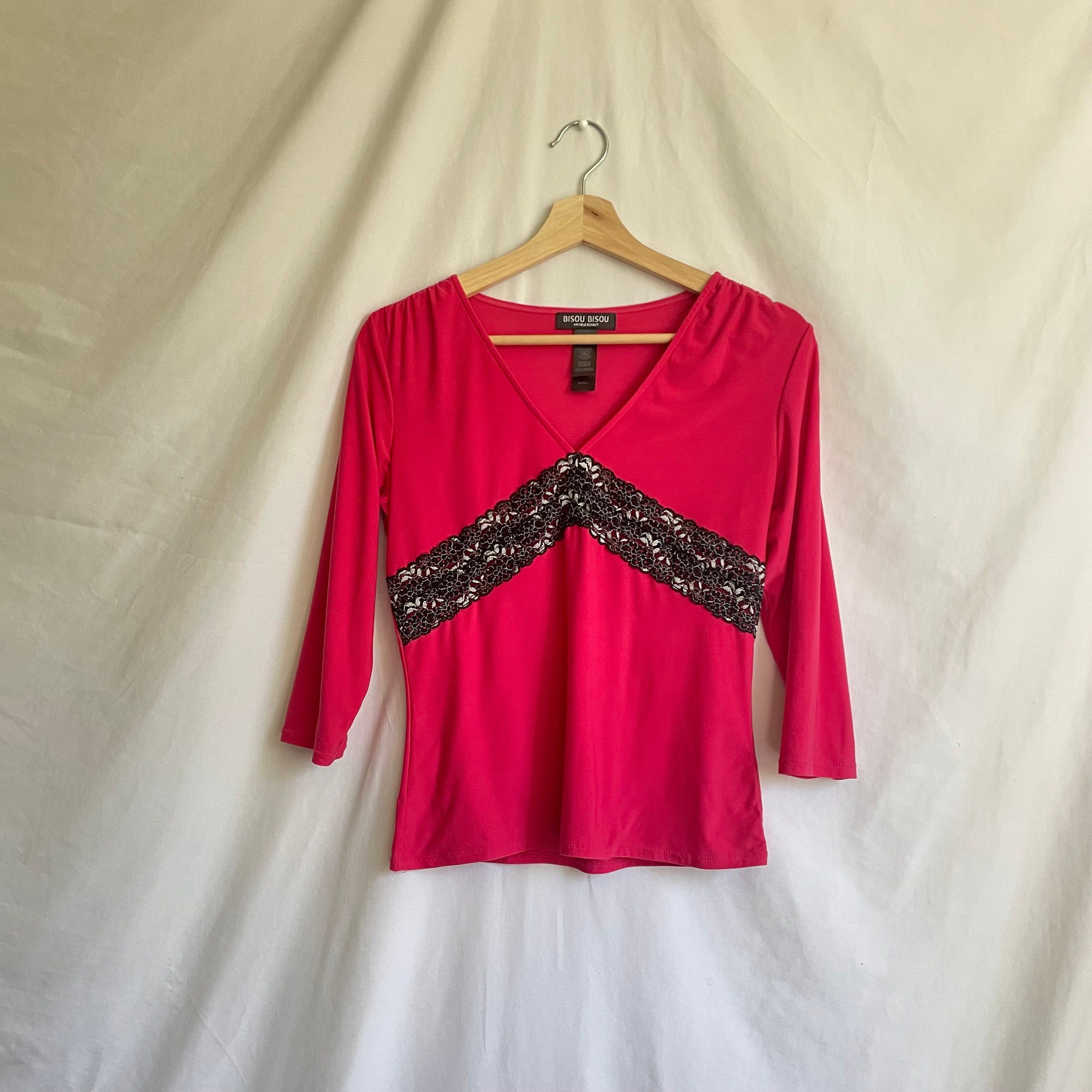 Y2K Hot Pink Lace Long Sleeve Top Vintage 200039s Bisou Bisou Size Large Graphic Tee – Bold Style · Great Gift For Fans