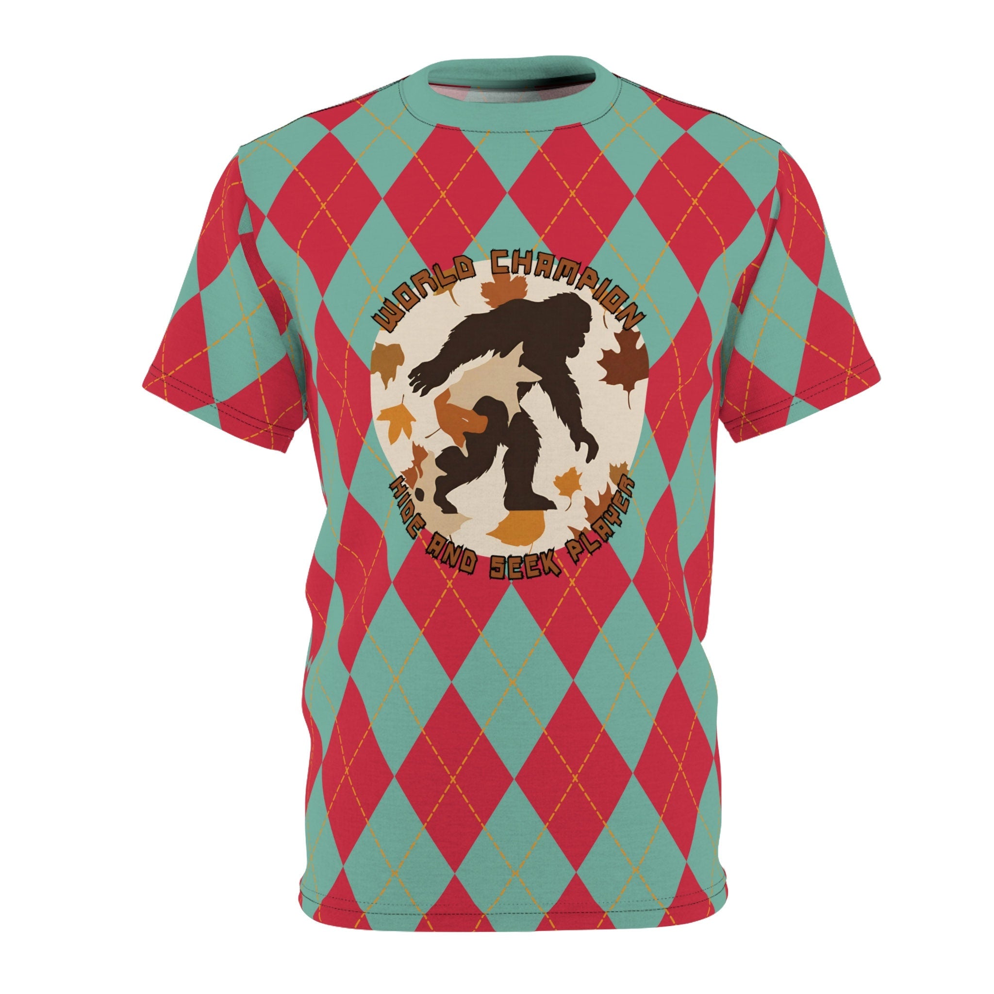 Bigfoot in Fall Leaves Plaid Unisex Tee AOP World Champion Hide and Seek Player Graphic Tee – Fan Favorite · Trending Graphic Apparel