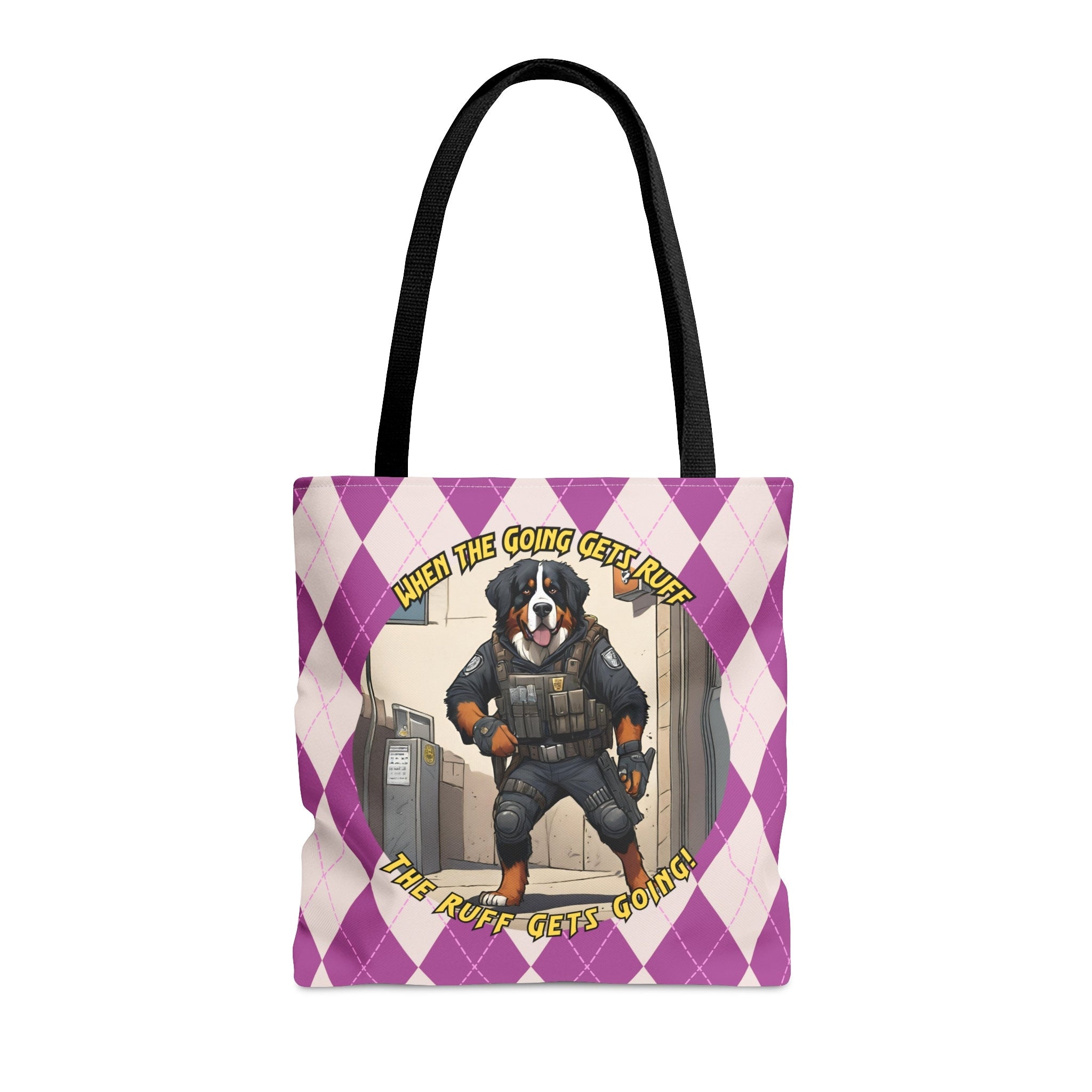 Bernese Mountain Dog Tote Bag AOP Purple Rhombus Pattern 39When the Going Gets Ruff the Ruff Get Going39 SWAT Gear Dog Art Tote Bag – Easygoing Wear · Top Pick For Any Outfit