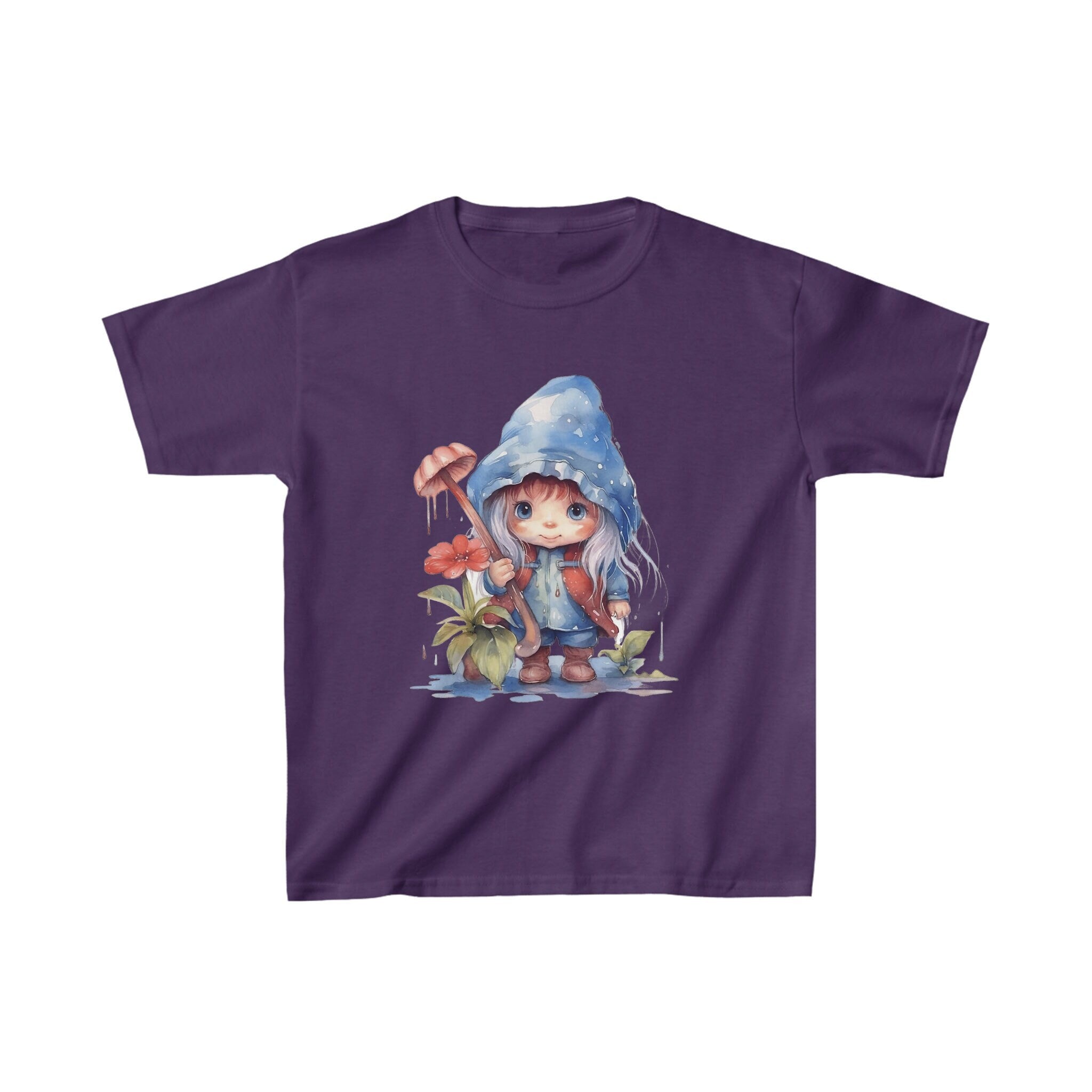 Watercolor Art of a little Gnome Girl with Blonde Hair holding a mushroom Kids Heavy Cotton Tee Graphic Tee – Warm & Stylish · Perfect For Daily Wear