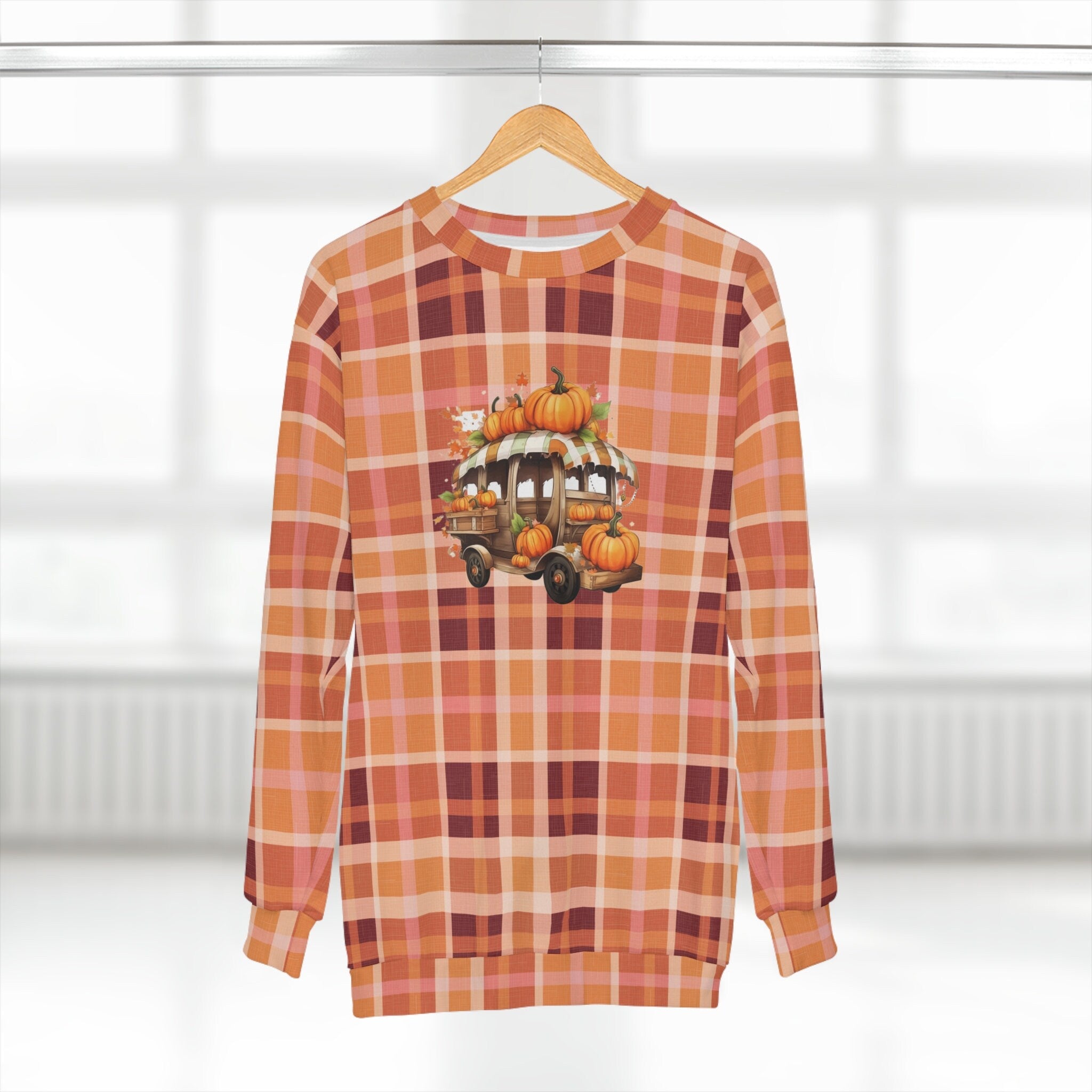 Vintage Mobile Stand and Pumpkins Plaid Unisex Fall Sweatshirt AOP Embrace Autumn39s Cozy Charm Sweatshirt – Feel-Good Design · Great Gift For Fans