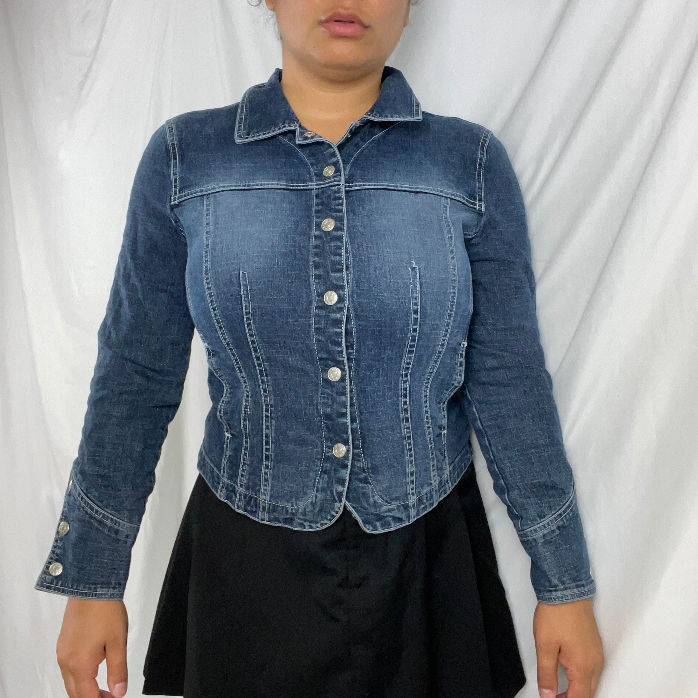 Y2K Fitted Stretch Denim Jacket Vintage Early 2000s AMI Euro Style Size Small Graphic Tee – Everyday Comfort · Perfect For Daily Wear