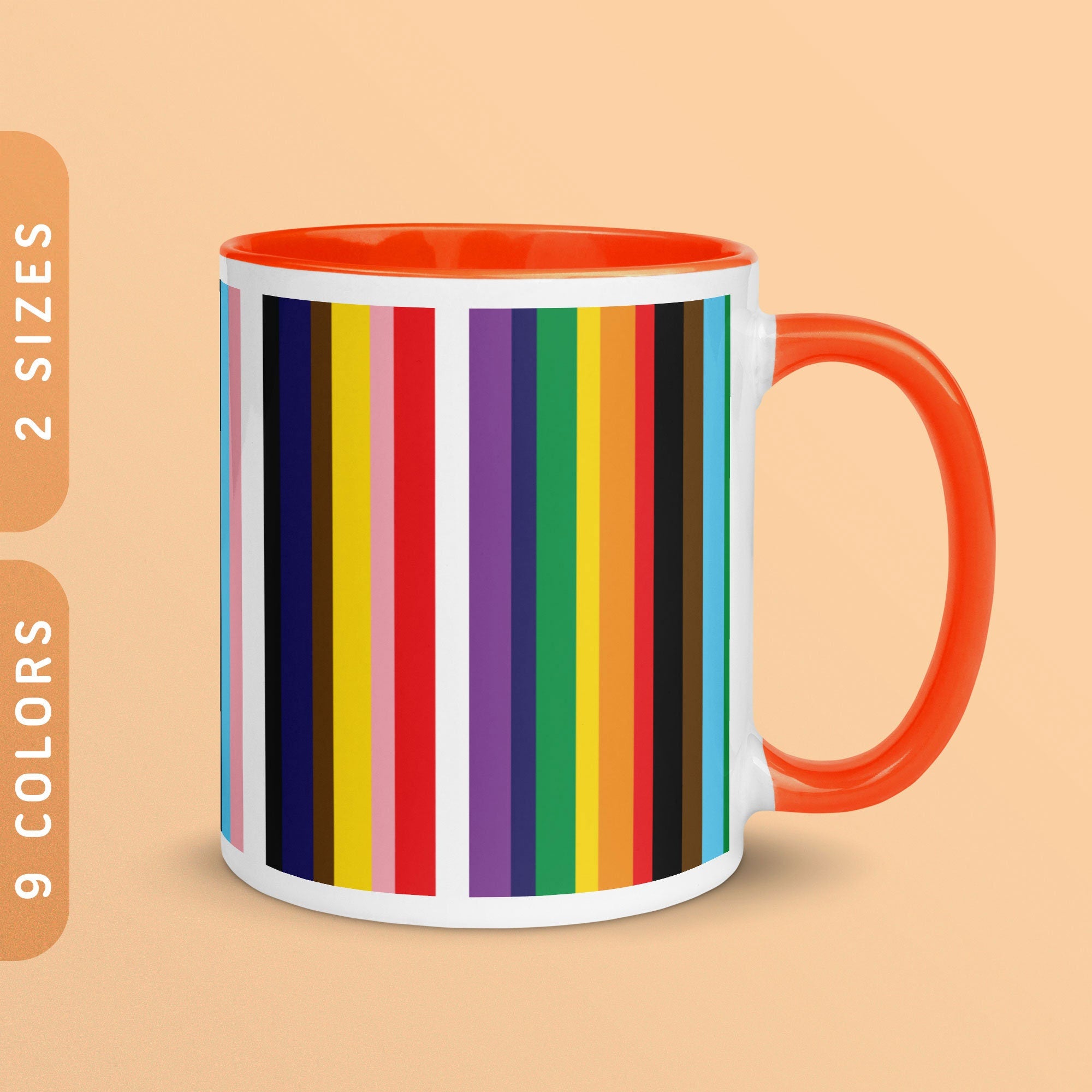 Progress Pride Flag Stripes Coffee Mug 11oz 15oz White Ceramic Mug with Accent Color LGBTQ Progressive Pride Mug Rainbow Pride Mug Graphic Tee – Fan Favorite · Top Pick For Any Outfit