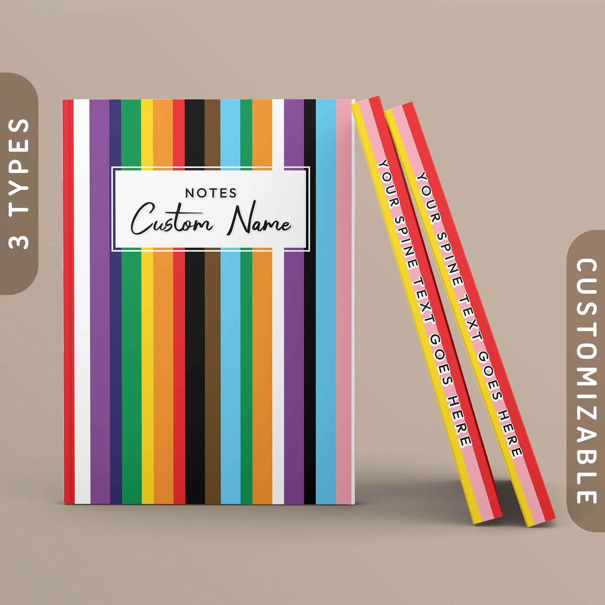 Personalized Progress Pride Flag Stripes Journal Customizable Hardcover Notebook Custom Name Text LGBTQ Gay Lesbian Bi Pride Journal Graphic Tee – Aesthetic Look · High-Quality Print