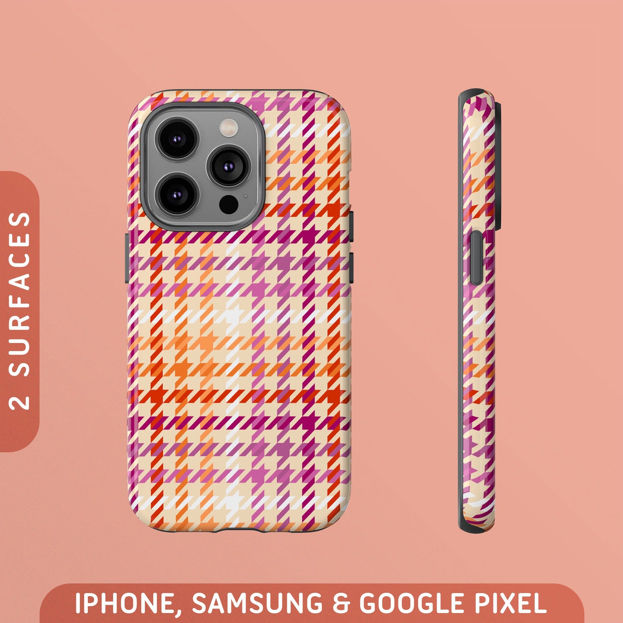 Lesbian Flag Houndstooth Tough Case iPhone 15 Pro Max Plus 14 13 Mini 12 11 8 X Samsung S24 S23 S22 S21 Google Pixel 8 7 6 5 Phone Graphic Tee – Easygoing Wear · Top Pick For Any Outfit