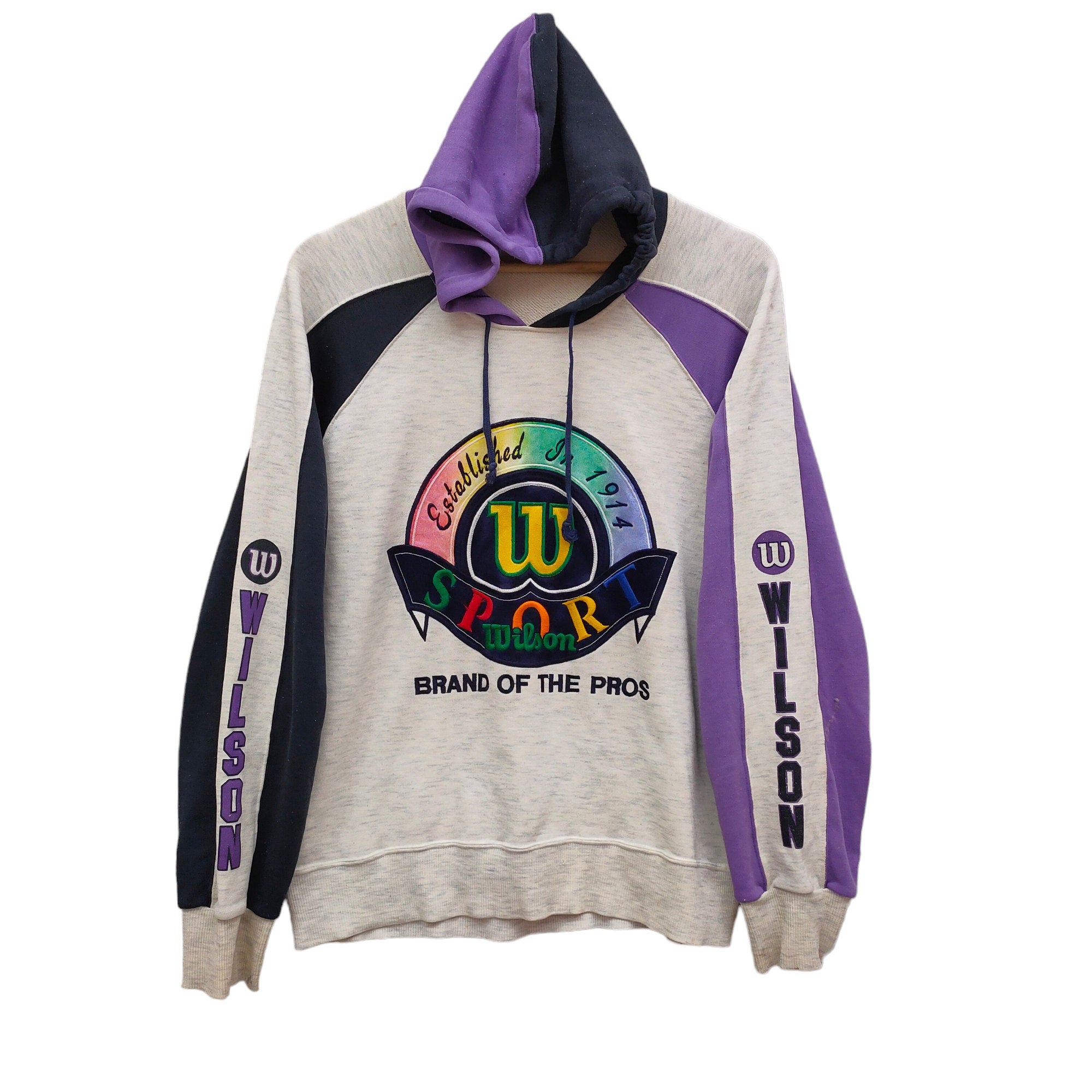 80s Wilson Distressed Hoodie Sweater Vintage Wilson Embroidery Colorblock Sweatshirt Jumper Multicolor Hoodie – Easygoing Wear · Trending Graphic Apparel