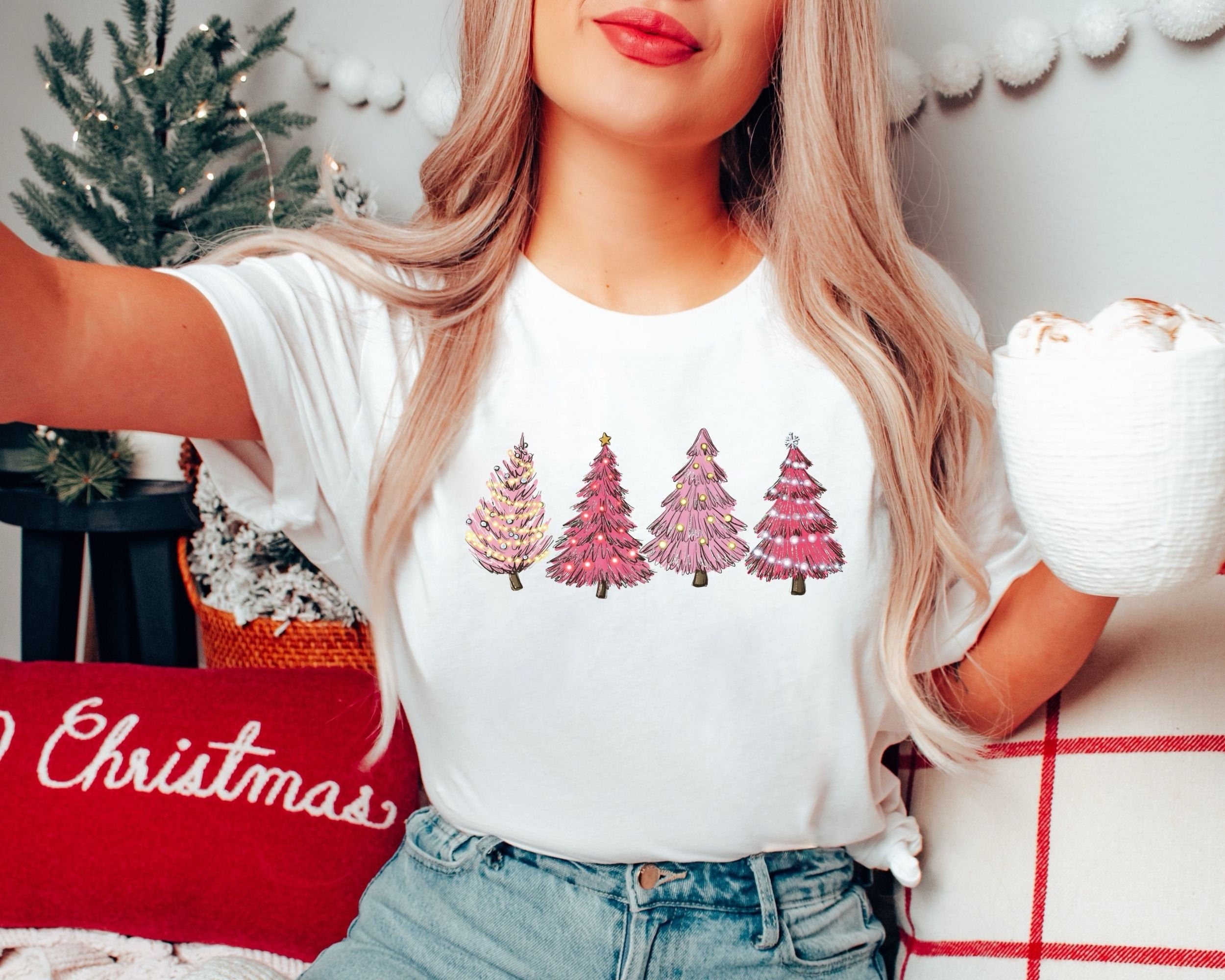 Christmas Tree Shirt Pink Tree Christmas TShirt Christmas Gifts Christmas Shirt Holiday Shirt For Women New Year Tee Merry And Bright Graphic Tee – Soft Feel · Top Pick For Any Outfit