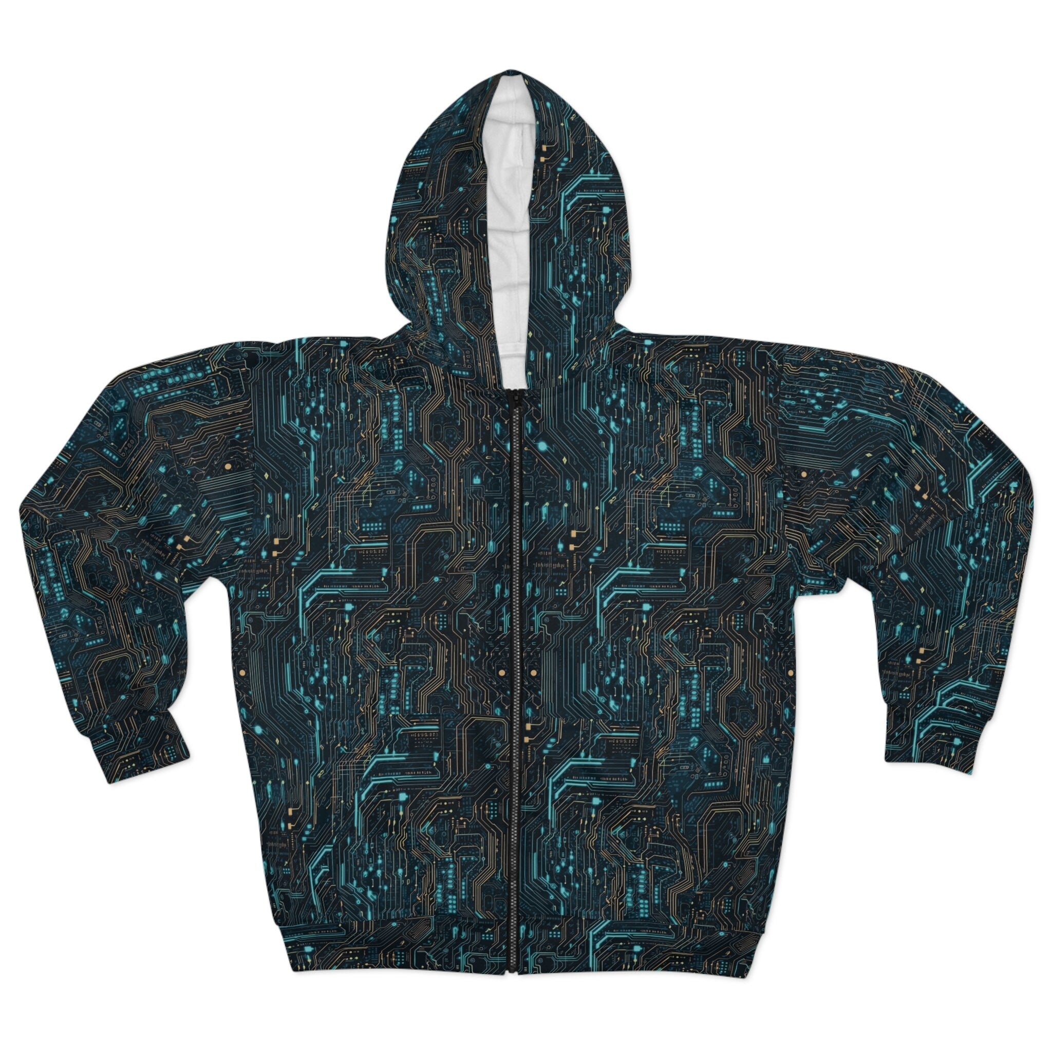 Cyberpunk Edge Neon Circuit Board Unisex Zip Hoodie AOP Futuristic Tech Inspired Fashion Hoodie – Feel-Good Design · Great Gift For Fans