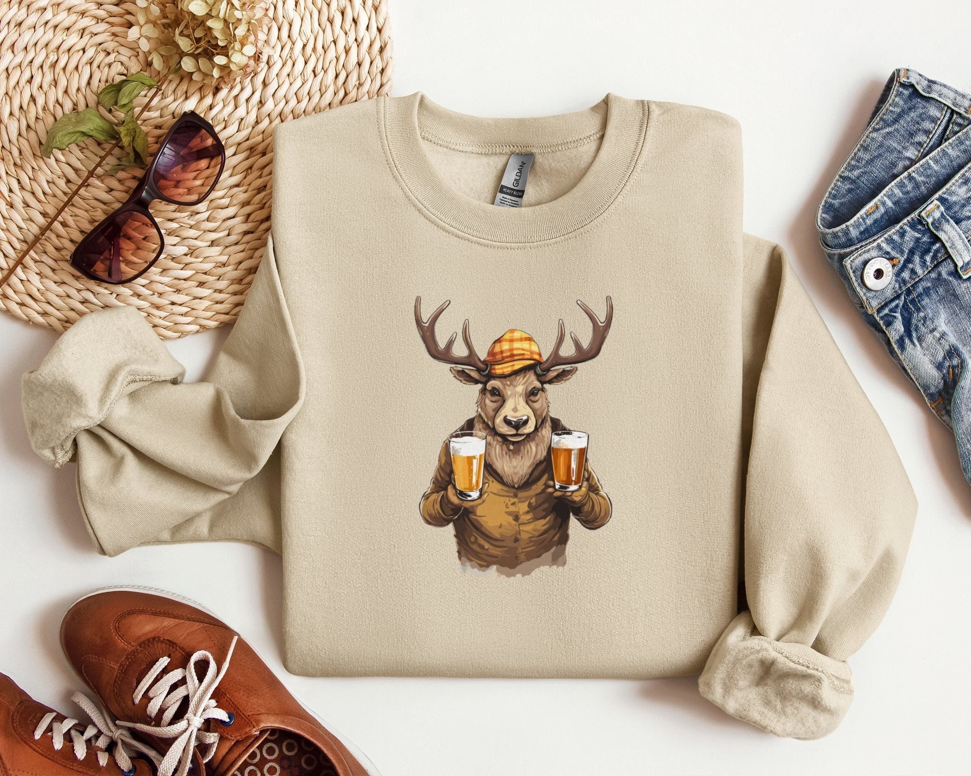 Reindeer with two beers Sweatshirt Funny Ugly Xmas Sweater Men Women Funny Christmas Party Sweatshirt Gift for Beer Lovers and Hunters Sweatshirt – Warm & Stylish · Must-Have Style