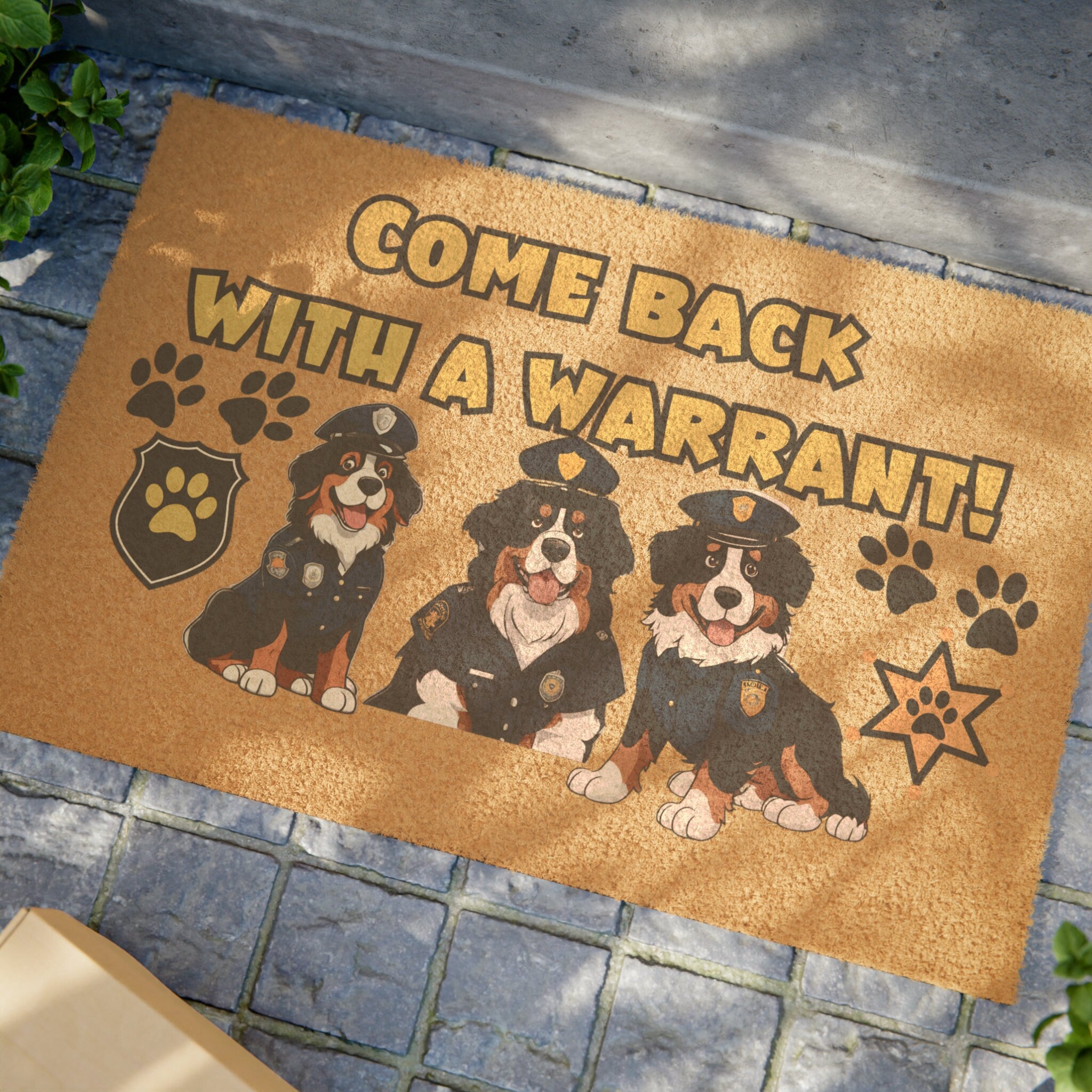 Funny 39Come Back with a Warrant39 Bernese Mountain Dog Police Officers Doormat 24quot x 16quot Outdoor Coir Welcome Mat Graphic Tee – Fan Favorite · Trending Graphic Apparel