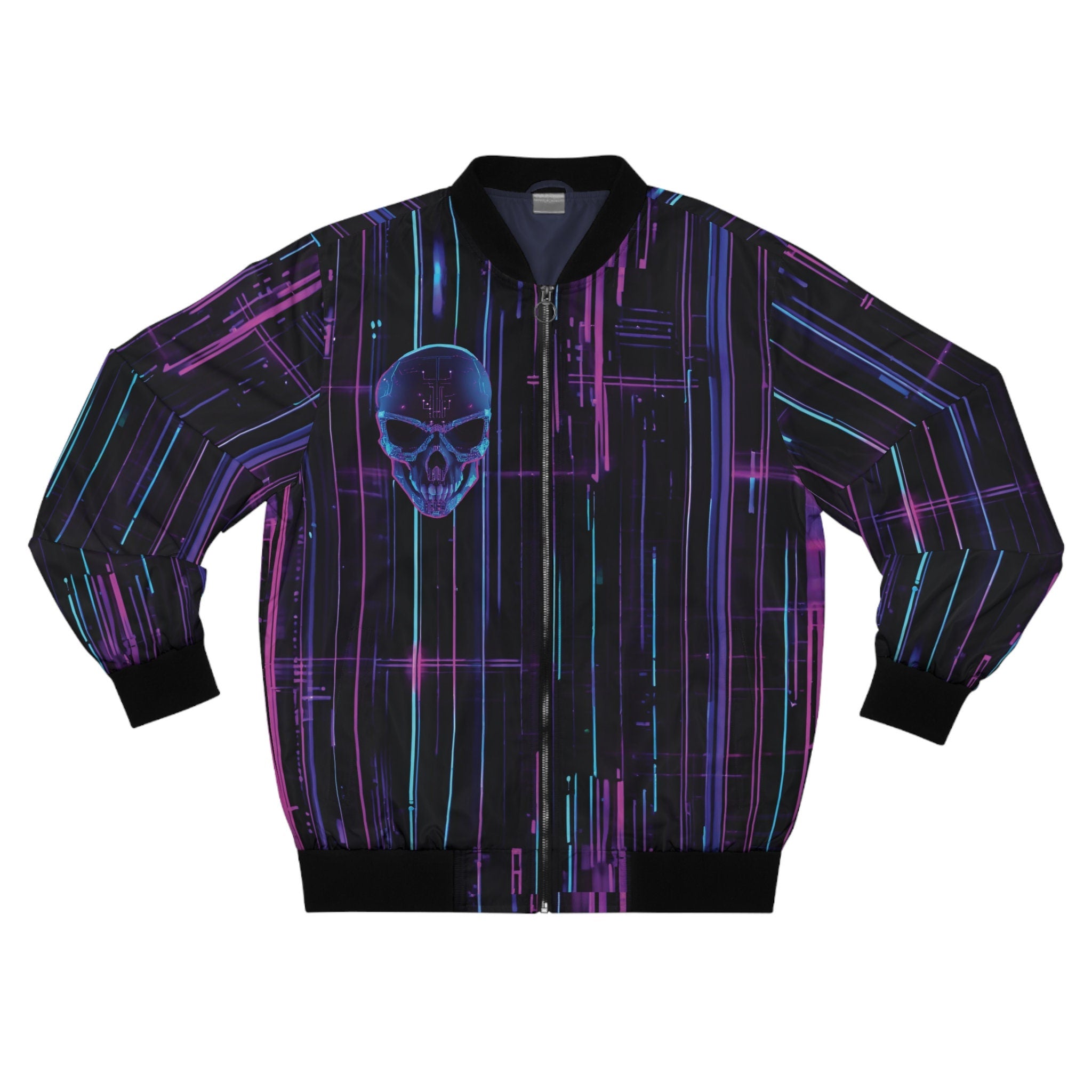 3D Neon Cyborg Skull Futuristic Lights Cyberpunk Men39s Bomber Jacket AOP Graphic Tee – Aesthetic Look · Top Pick For Any Outfit