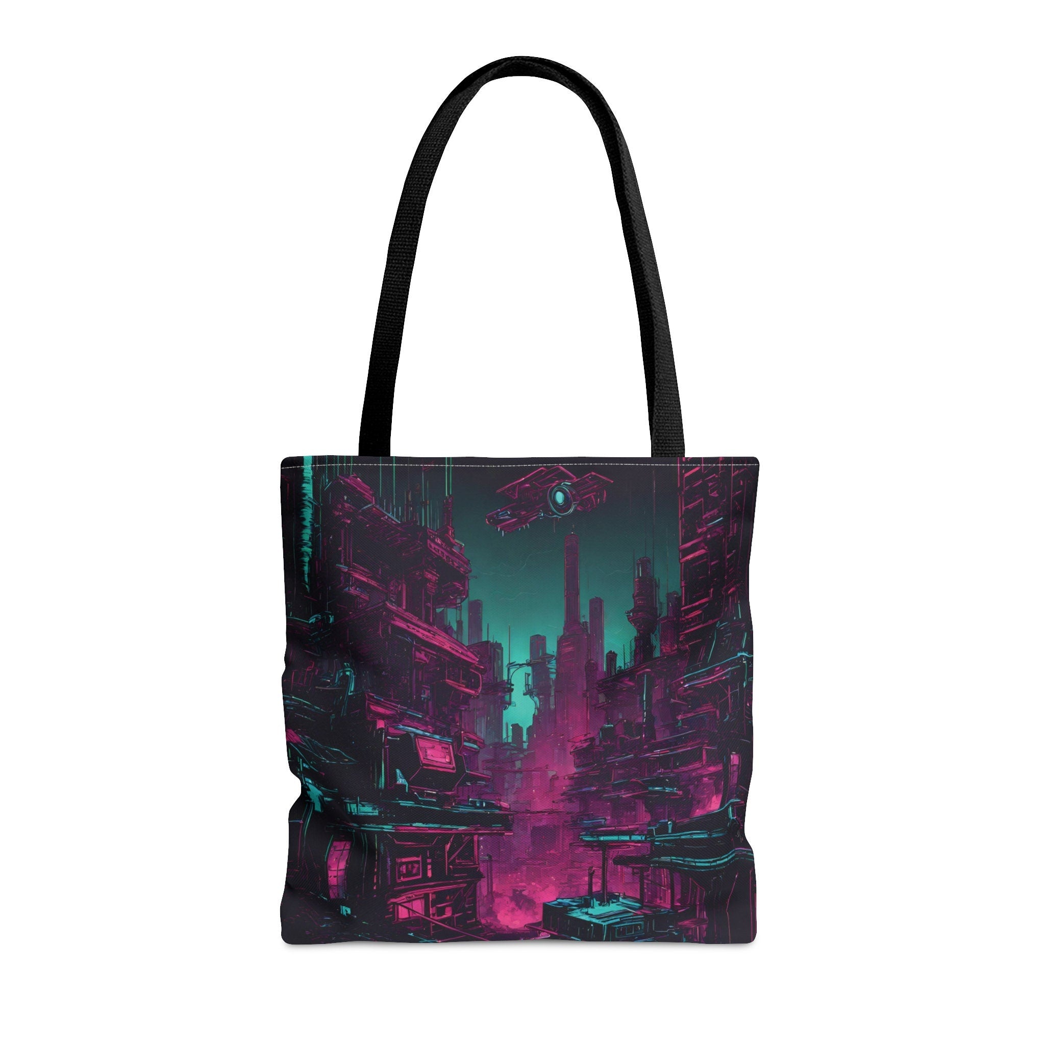Cyberpunk Dystopia Tote Bag AOP Design with Futuristic Drones Tote Bag – Aesthetic Look · Great Gift For Fans