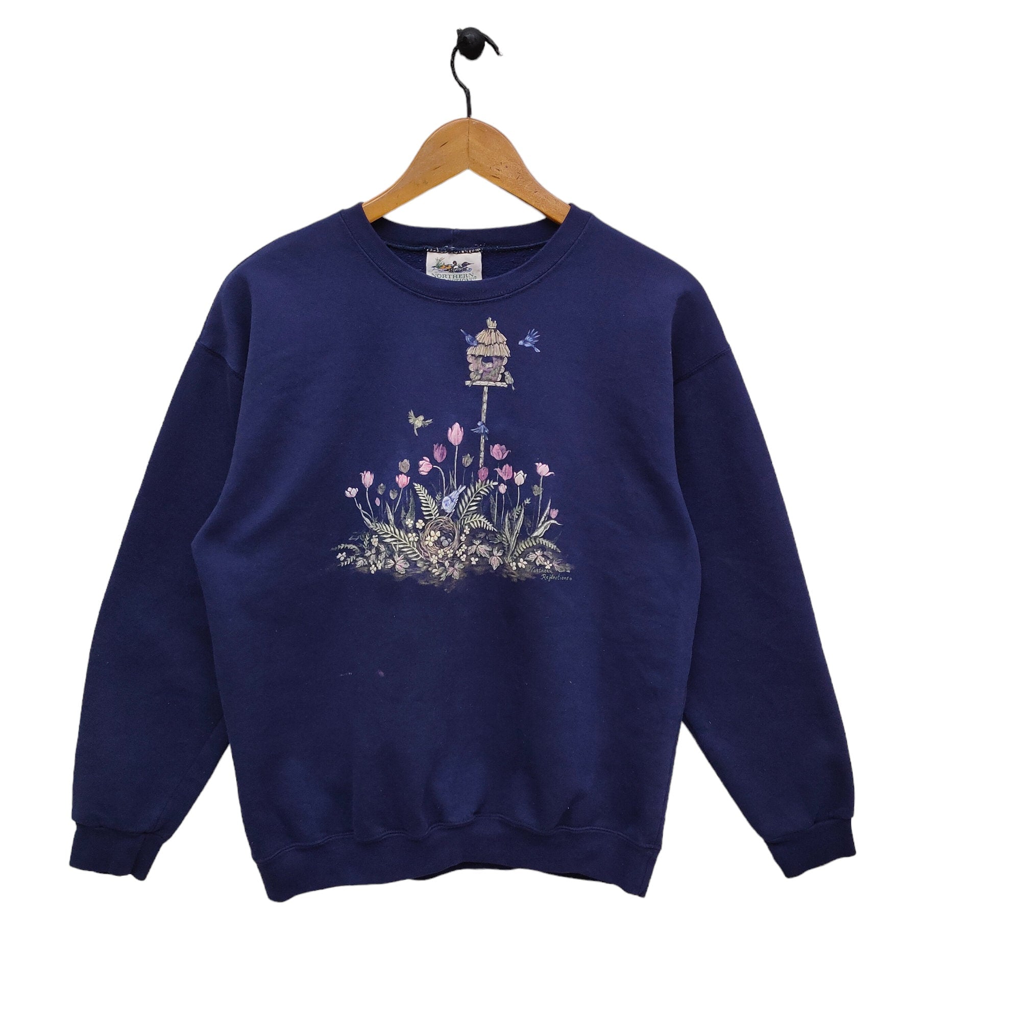 90s Northern Reflection Sweatshirt Large Vintage Nature Bird Floral Flower Animal Sweater Jumper Crewneck Navy Blue Size L Sweatshirt – Fan Favorite · Top Pick For Any Outfit